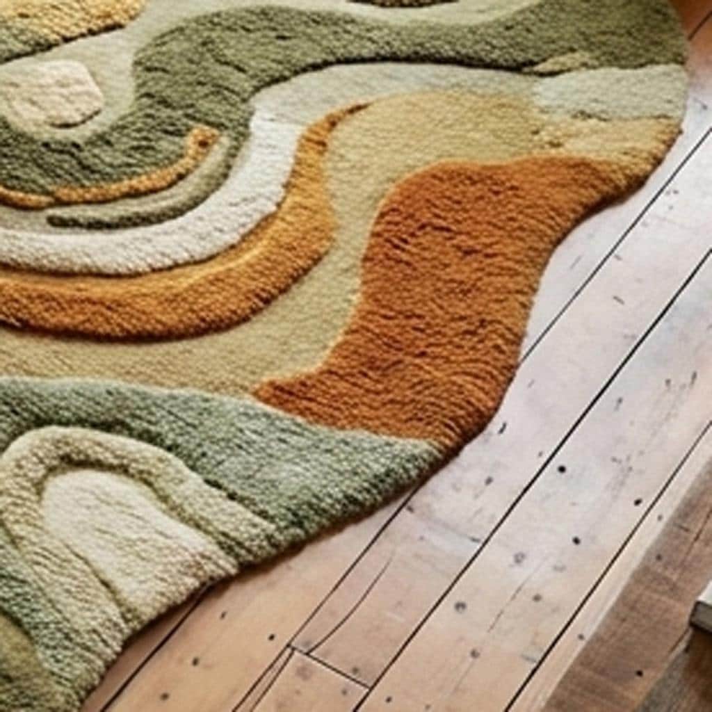 RugverseCreations Wavy Abstract Area Rug Moss Green Rust Irregular Shape