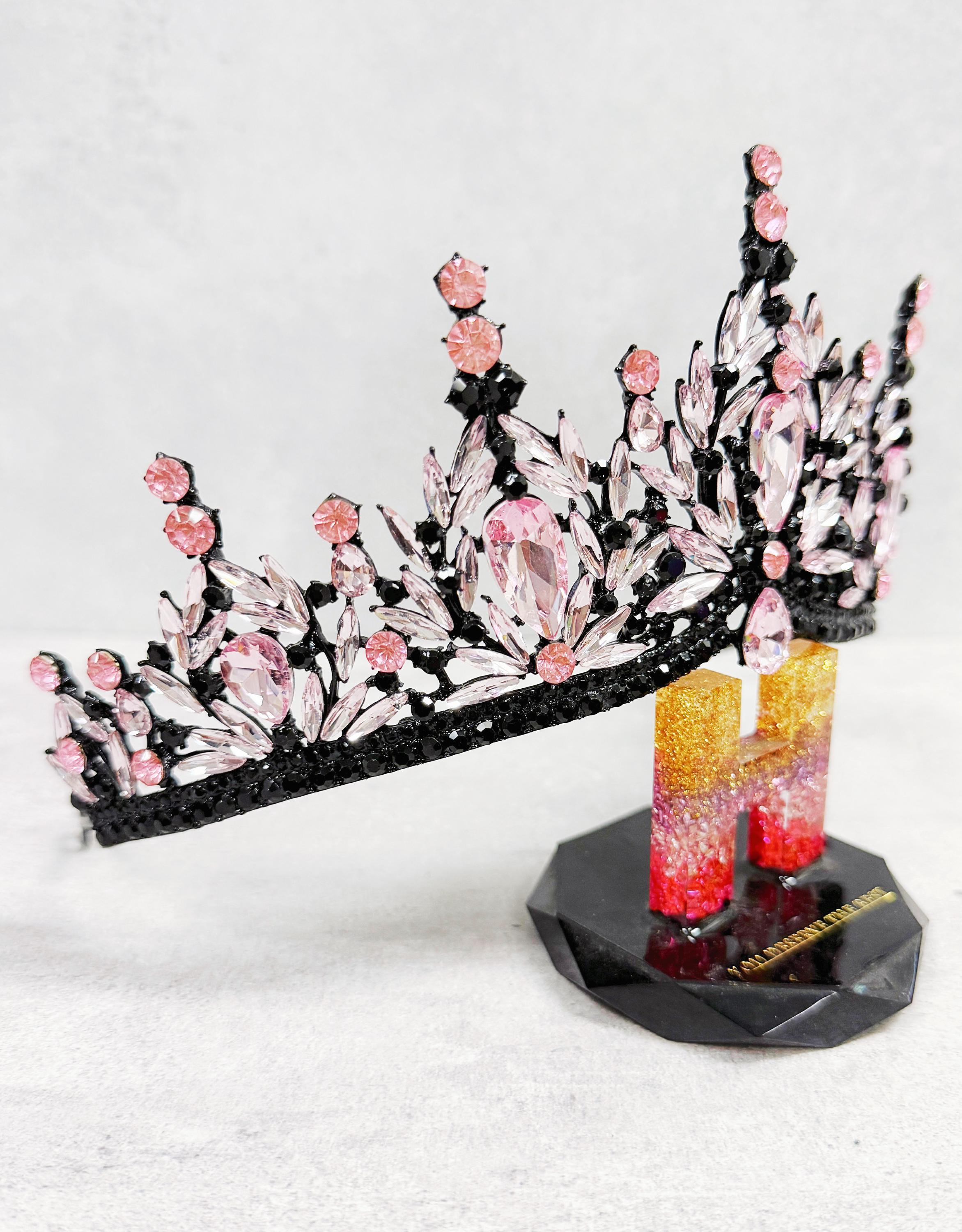HappyJewelryWorld Gothic Wedding Tiara Black Pink Crystal Rhinestone