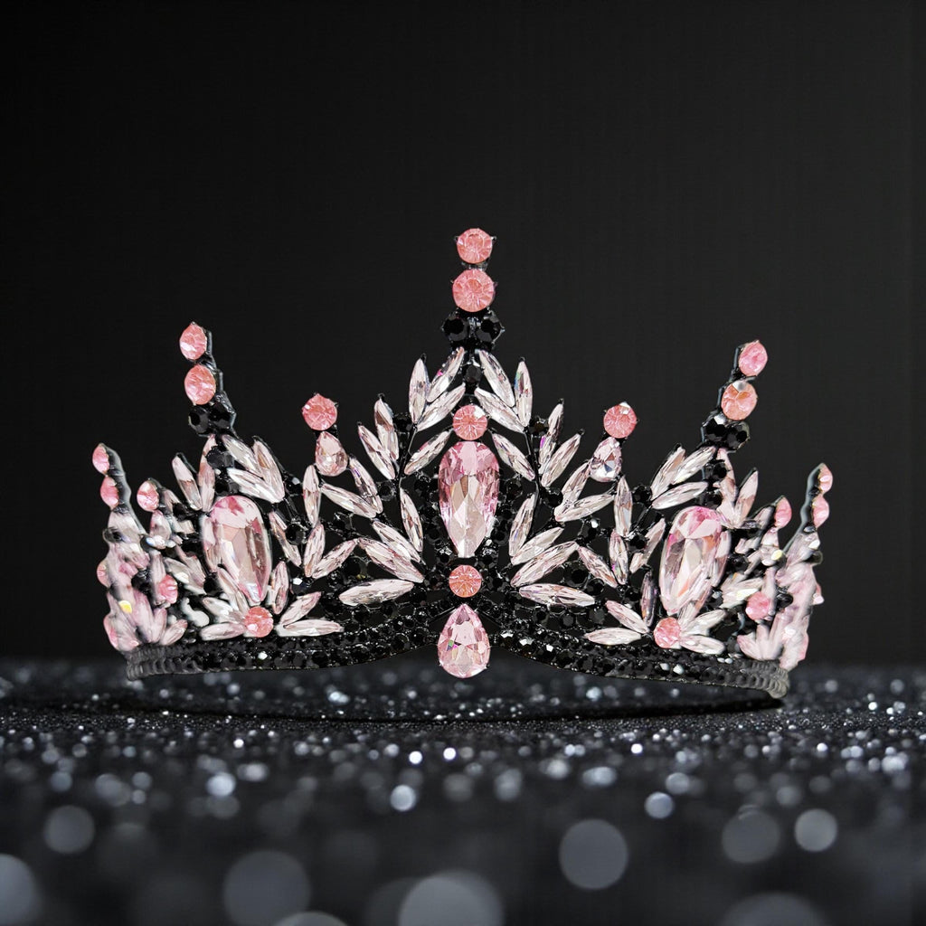 HappyJewelryWorld Gothic Wedding Tiara Black Pink Crystal Rhinestone