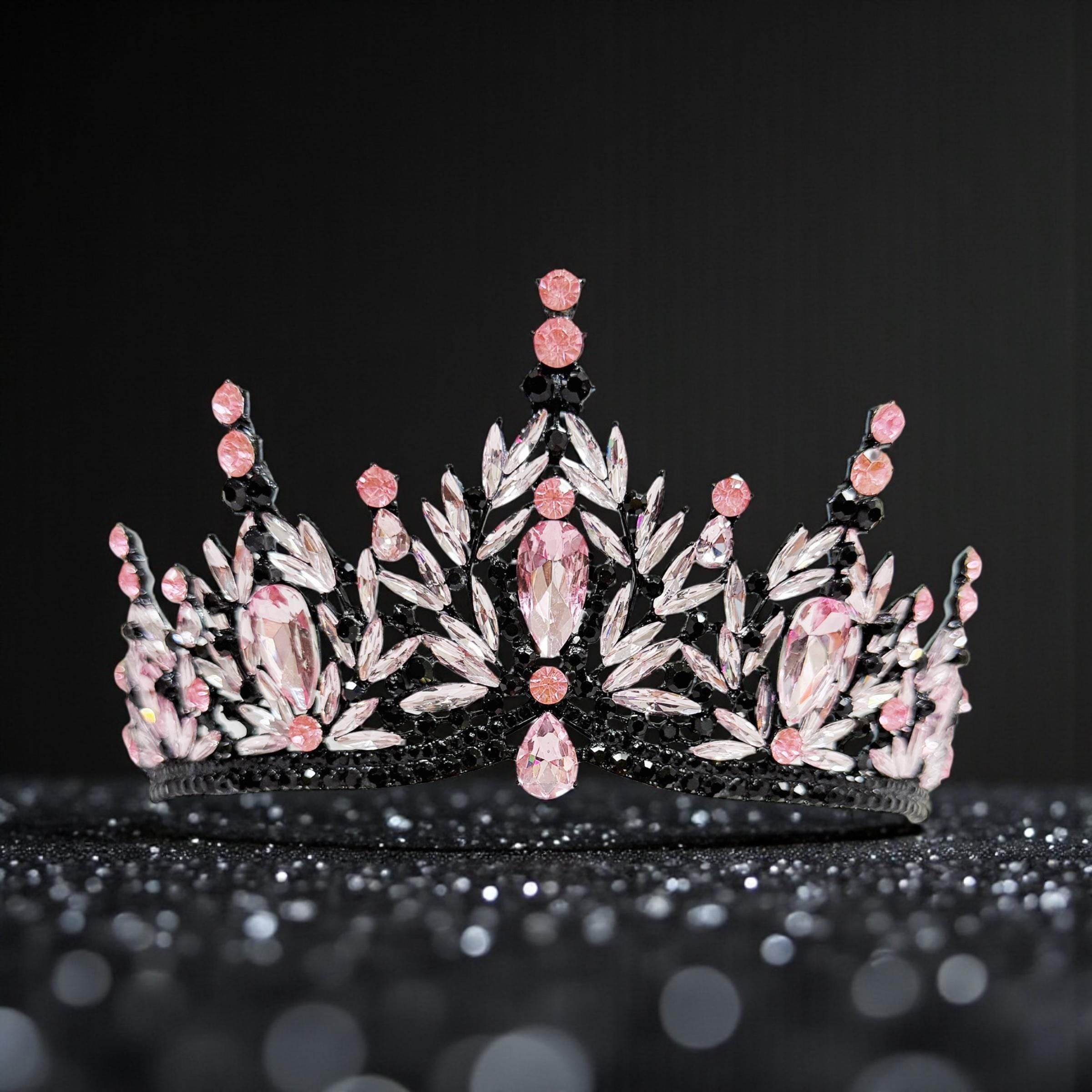 HappyJewelryWorld Gothic Wedding Tiara Black Pink Crystal Rhinestone