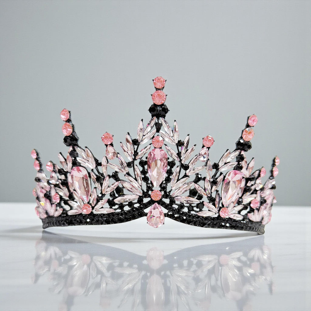 HappyJewelryWorld Gothic Wedding Tiara Black Pink Crystal Rhinestone