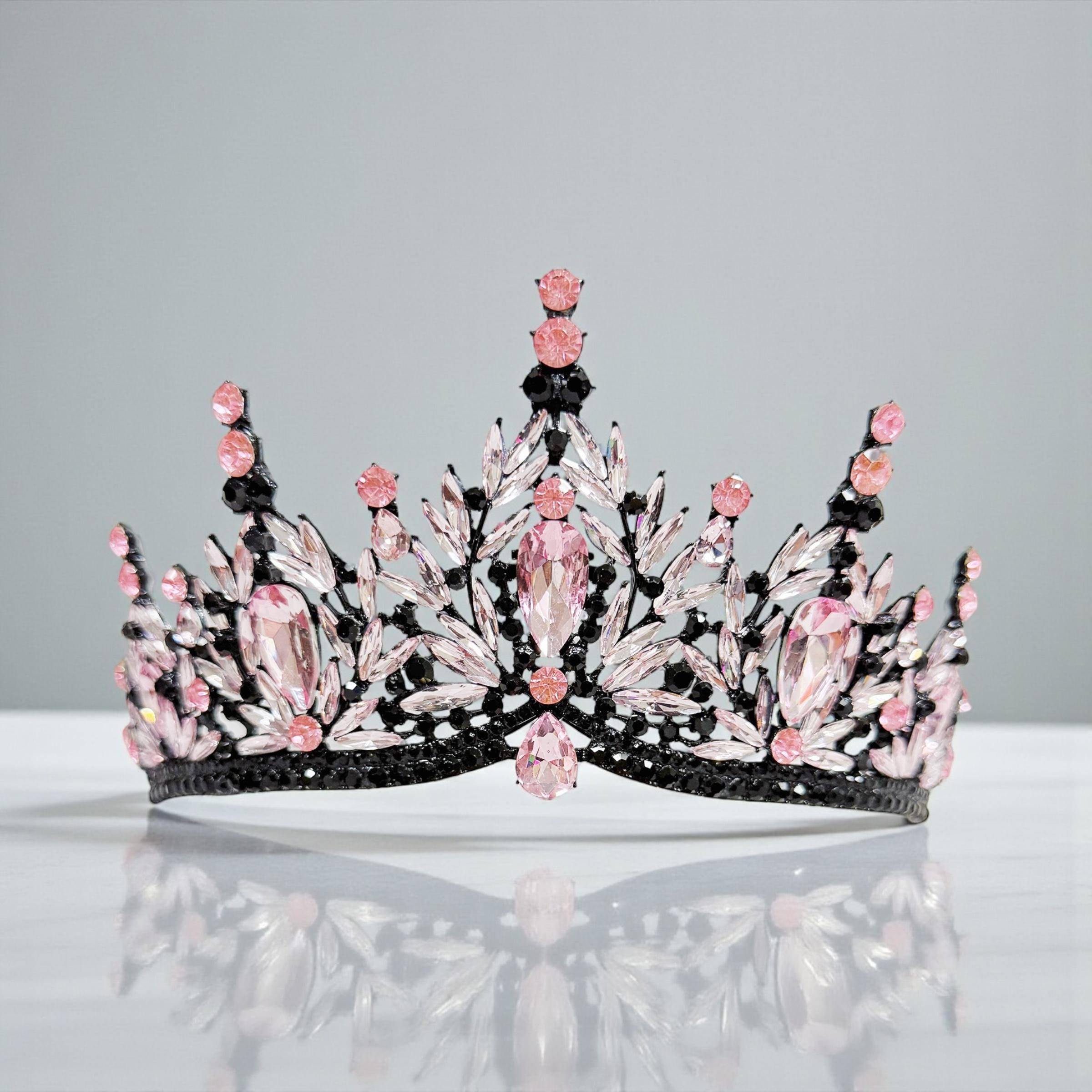 HappyJewelryWorld Gothic Wedding Tiara Black Pink Crystal Rhinestone