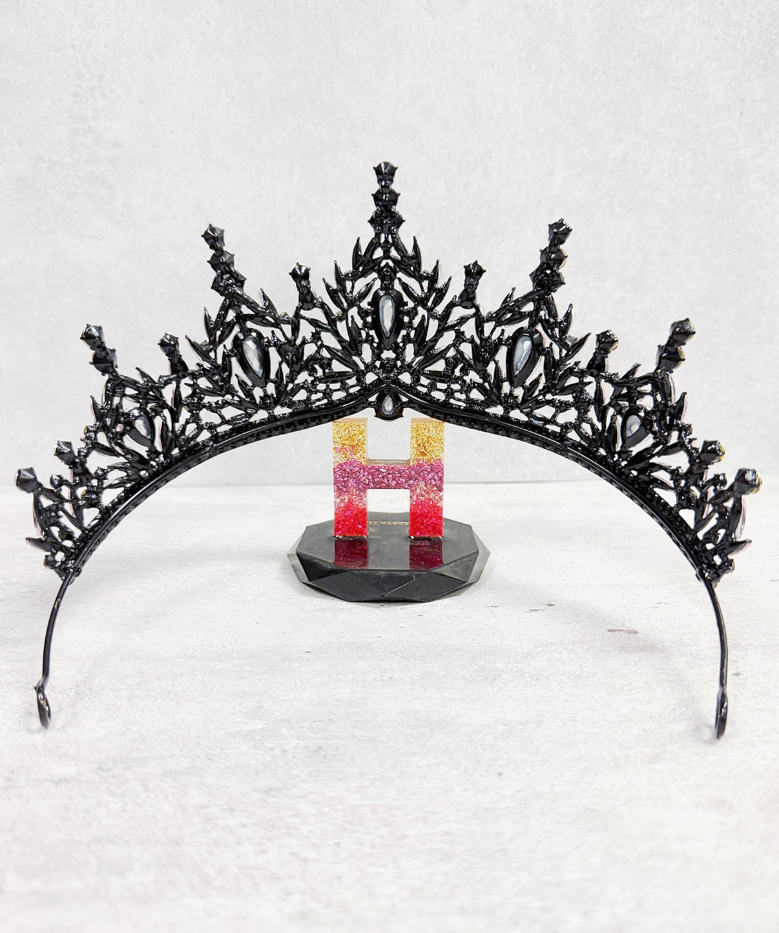 HappyJewelryWorld Gothic Wedding Tiara Black Pink Crystal Rhinestone