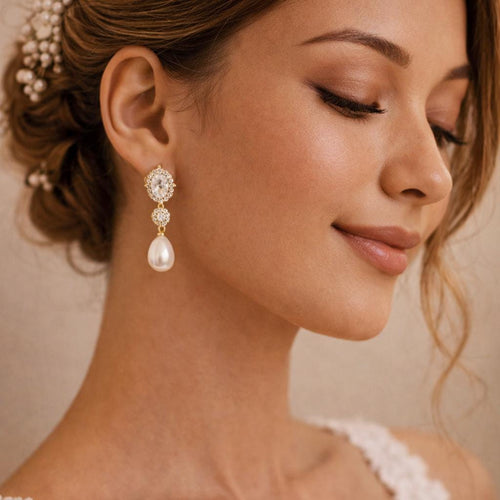 EcloraTreasures Minimalist Bridal Pearl and Crystal Drop Earrings