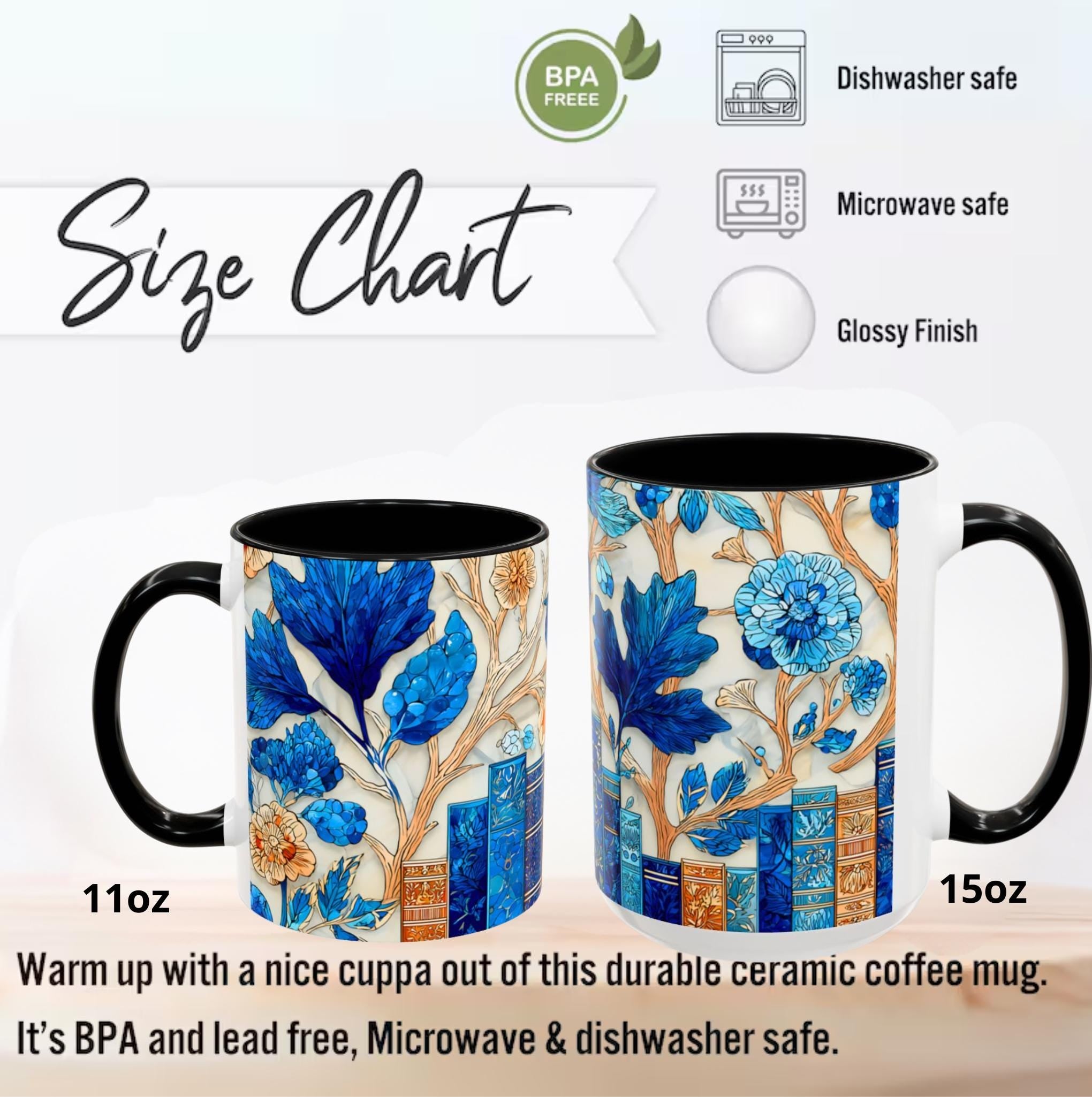 LELORESTORE Floral Bookshelf Coffee Mug Stained Glass Style