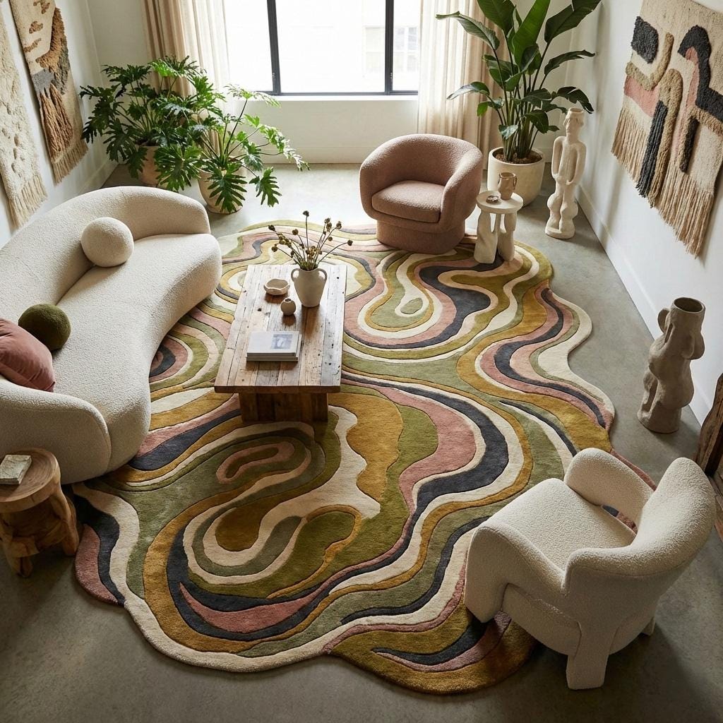 RugverseCreations Irregular Wavy Abstract Area Rug Hand Tufted Wool