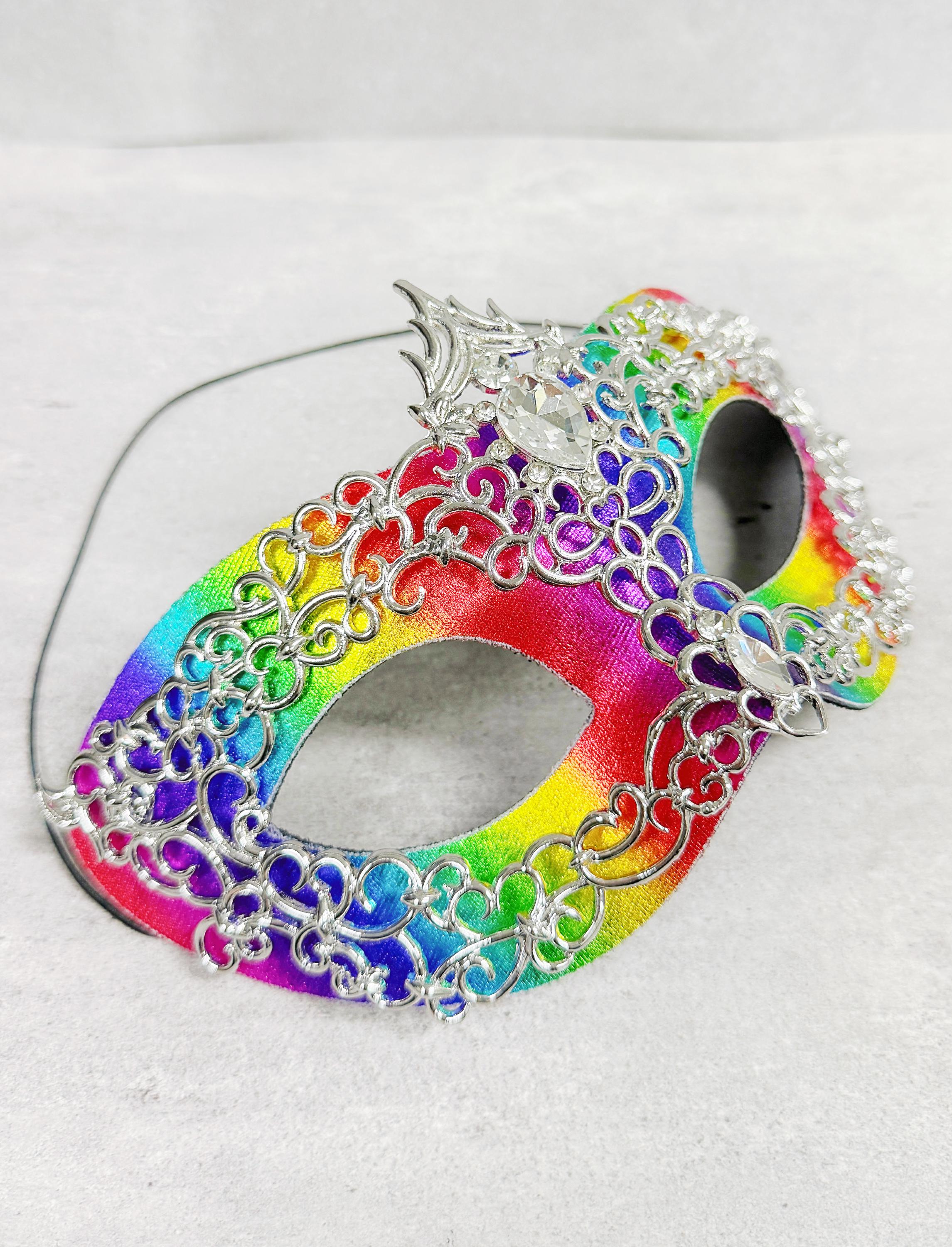 HappyJewelryWorld Rainbow Silver Rhinestone Masquerade Mask 2 in 1