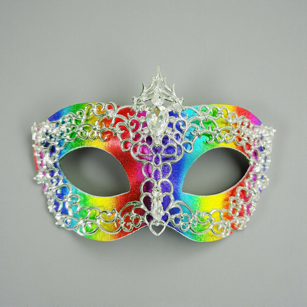 HappyJewelryWorld Rainbow Silver Rhinestone Masquerade Mask 2 in 1
