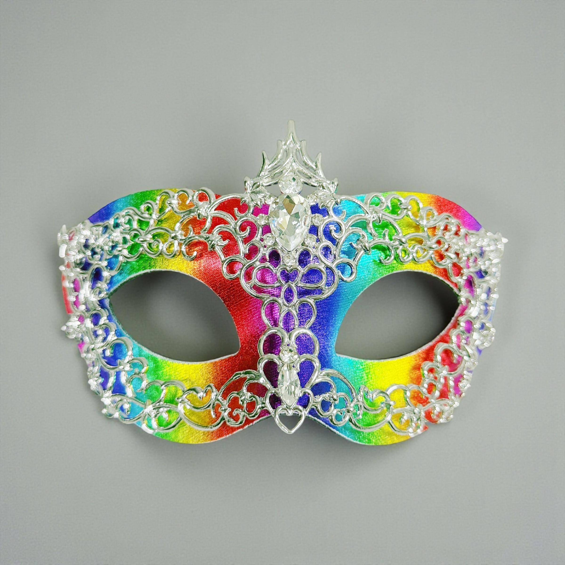 HappyJewelryWorld Rainbow Silver Rhinestone Masquerade Mask 2 in 1
