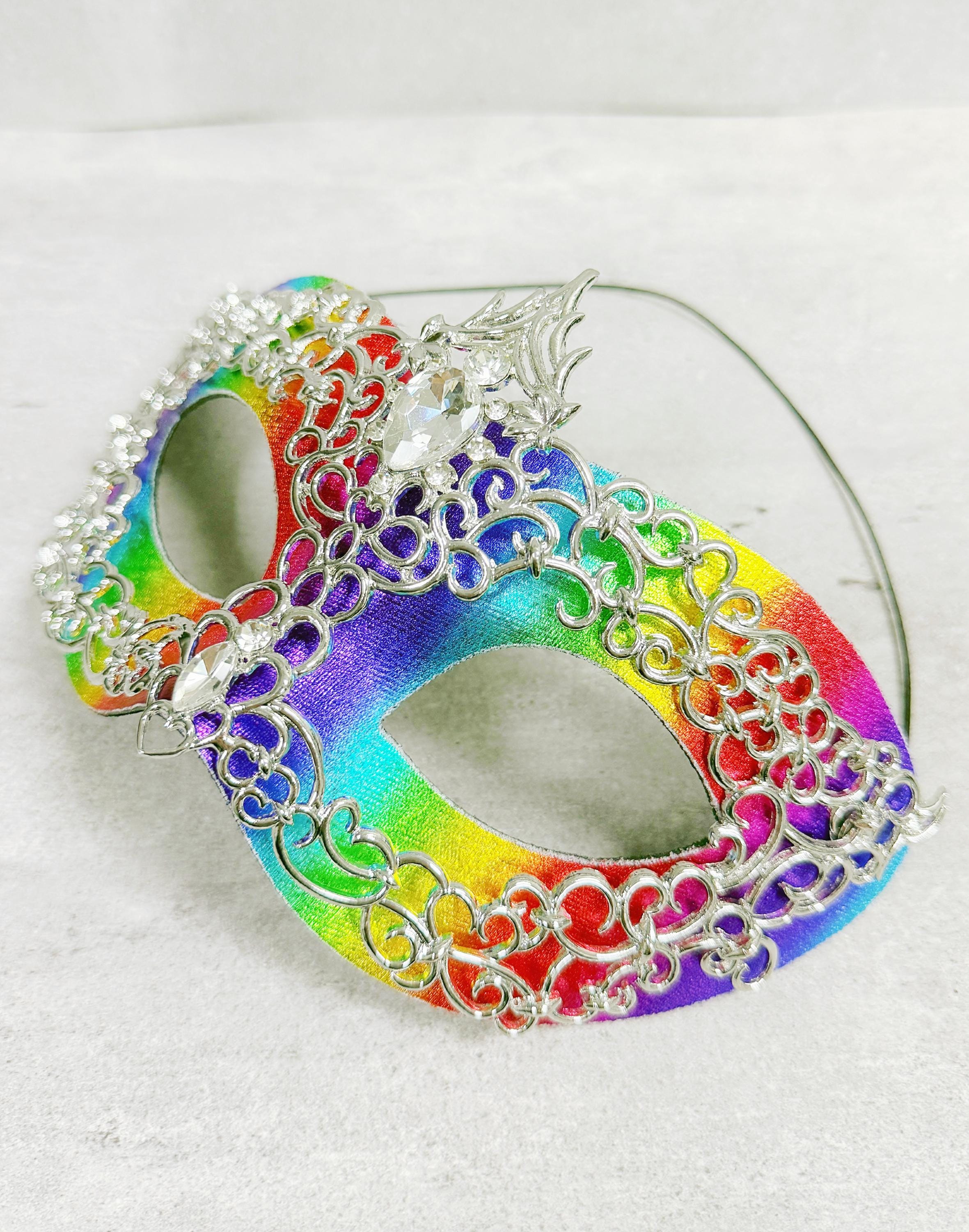 HappyJewelryWorld Rainbow Silver Rhinestone Masquerade Mask 2 in 1