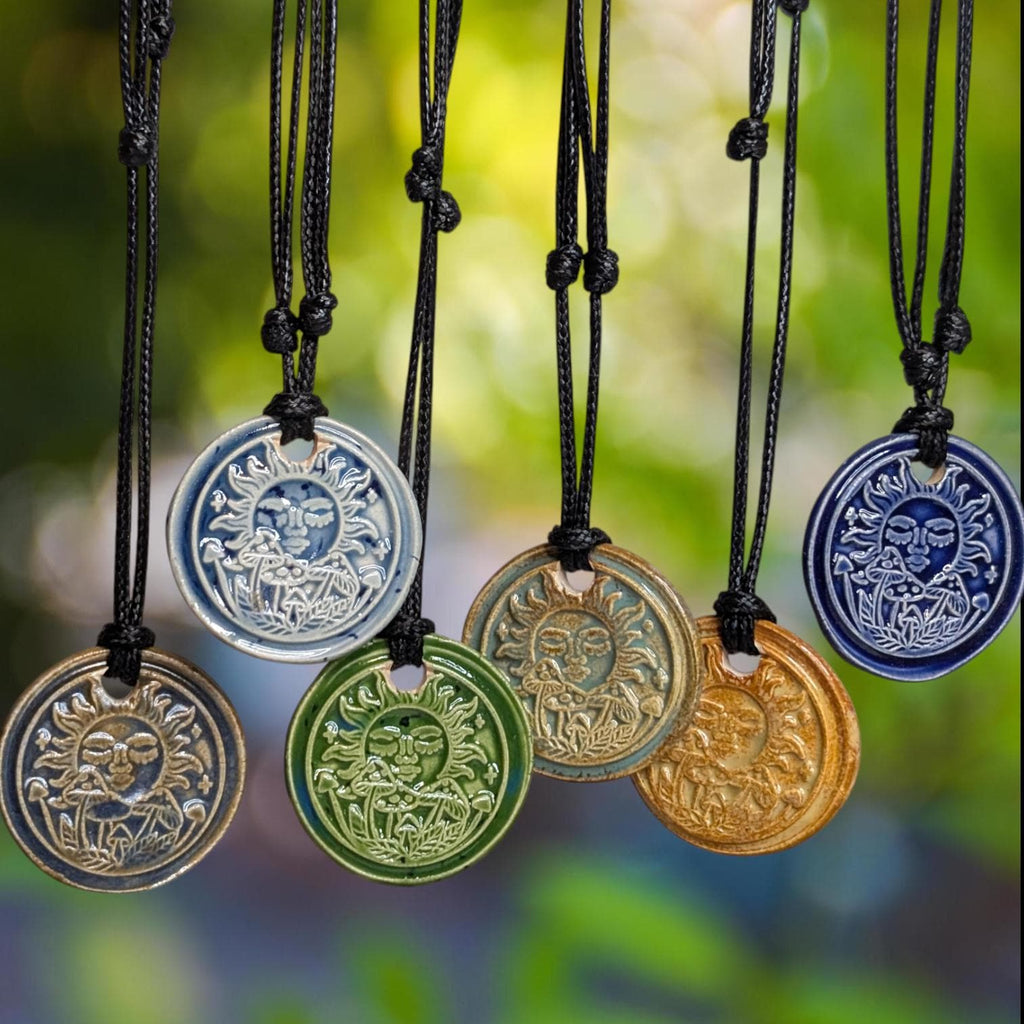 NoctemPottery Ceramic Sun and Mushroom Wax Seal Pendant Necklace Adjustable Cord