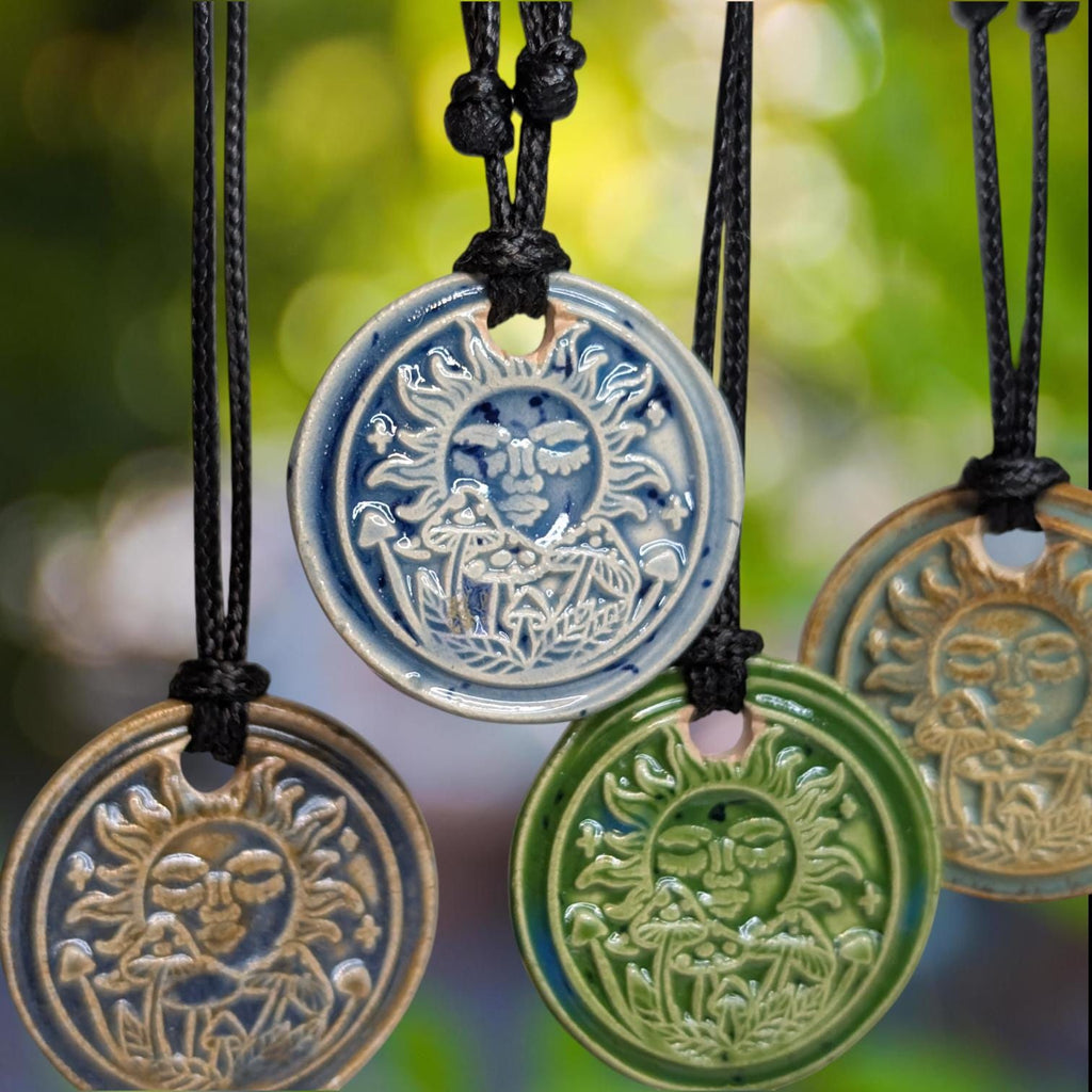 NoctemPottery Ceramic Sun and Mushroom Wax Seal Pendant Necklace Adjustable Cord