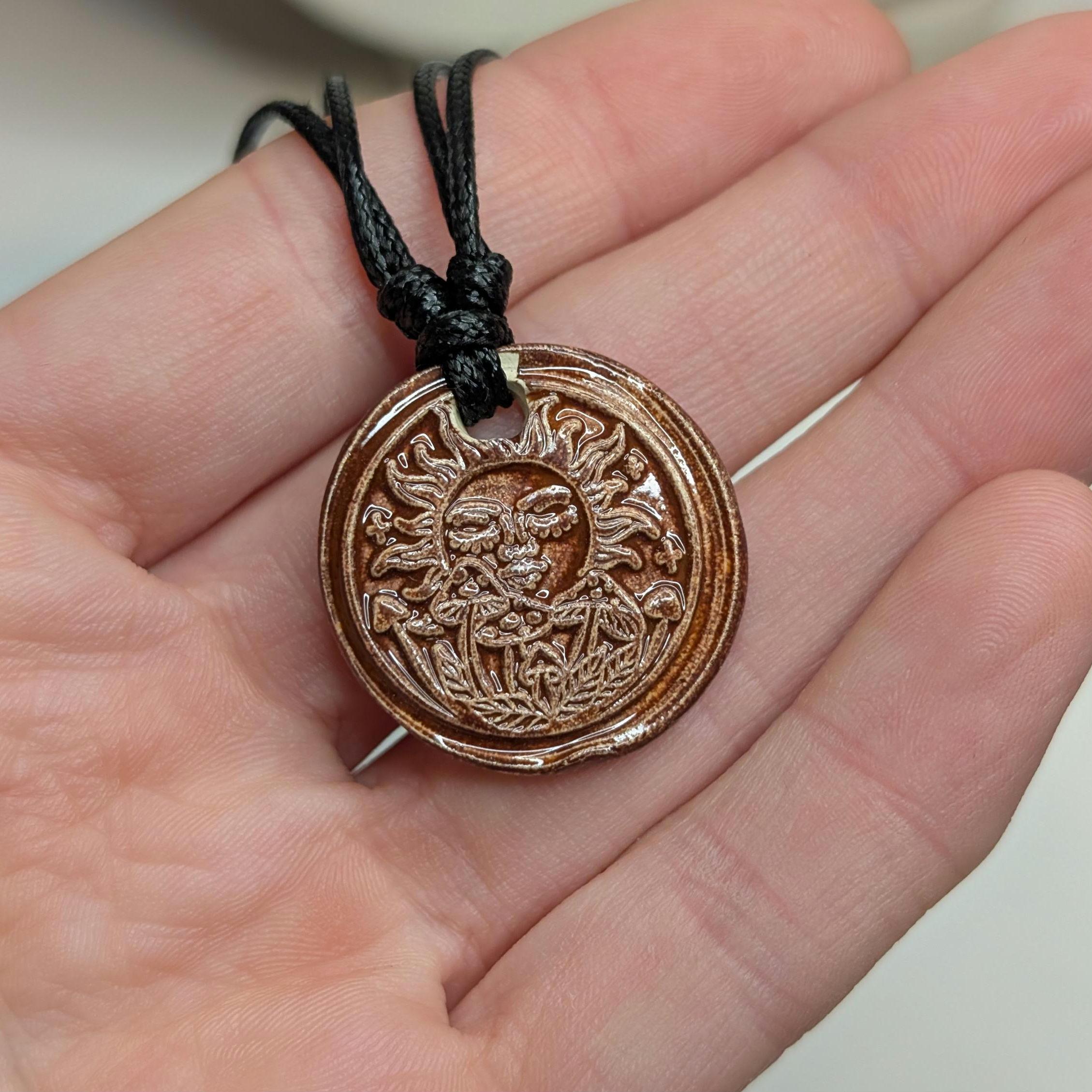 NoctemPottery Ceramic Sun and Mushroom Wax Seal Pendant Necklace Adjustable Cord
