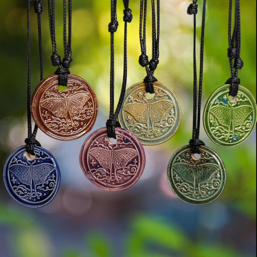 NoctemPottery Luna Moth Celestial Cloud Ceramic Wax Seal Pendant Necklace Adjustable Cord