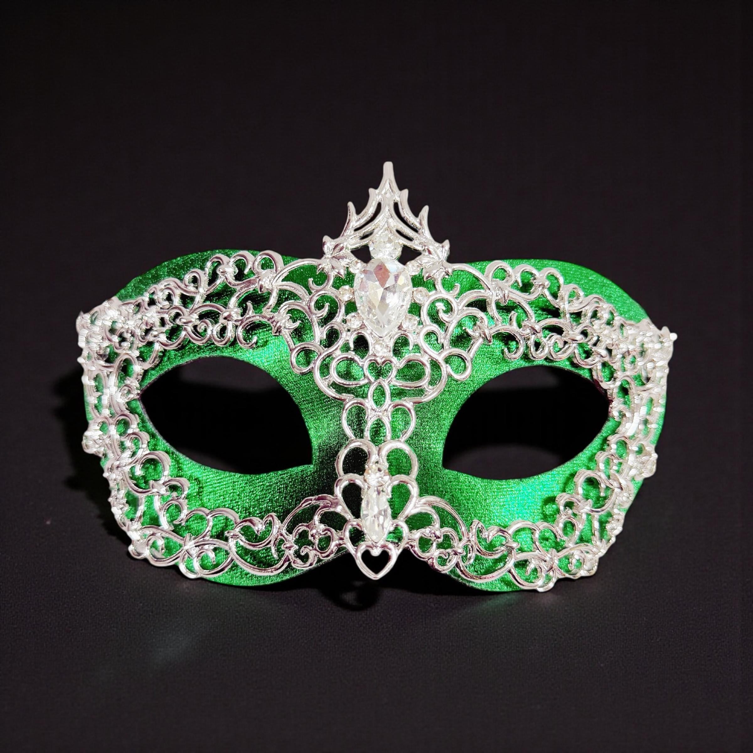 HappyJewelryWorld Silver And Green 2 In 1 Masquerade Mask Rhinestone