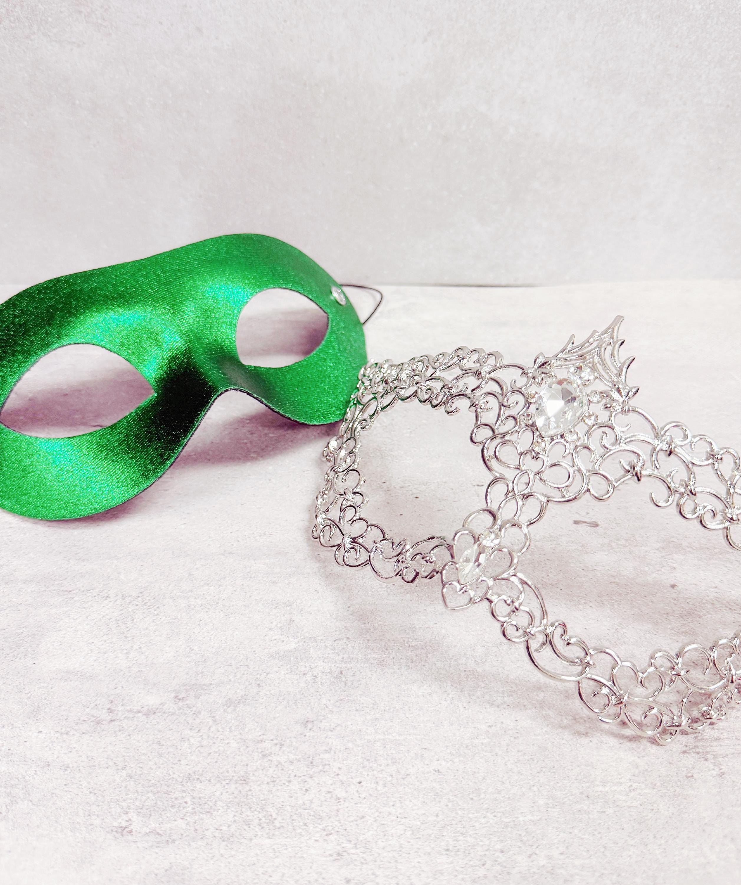 HappyJewelryWorld Silver And Green 2 In 1 Masquerade Mask Rhinestone
