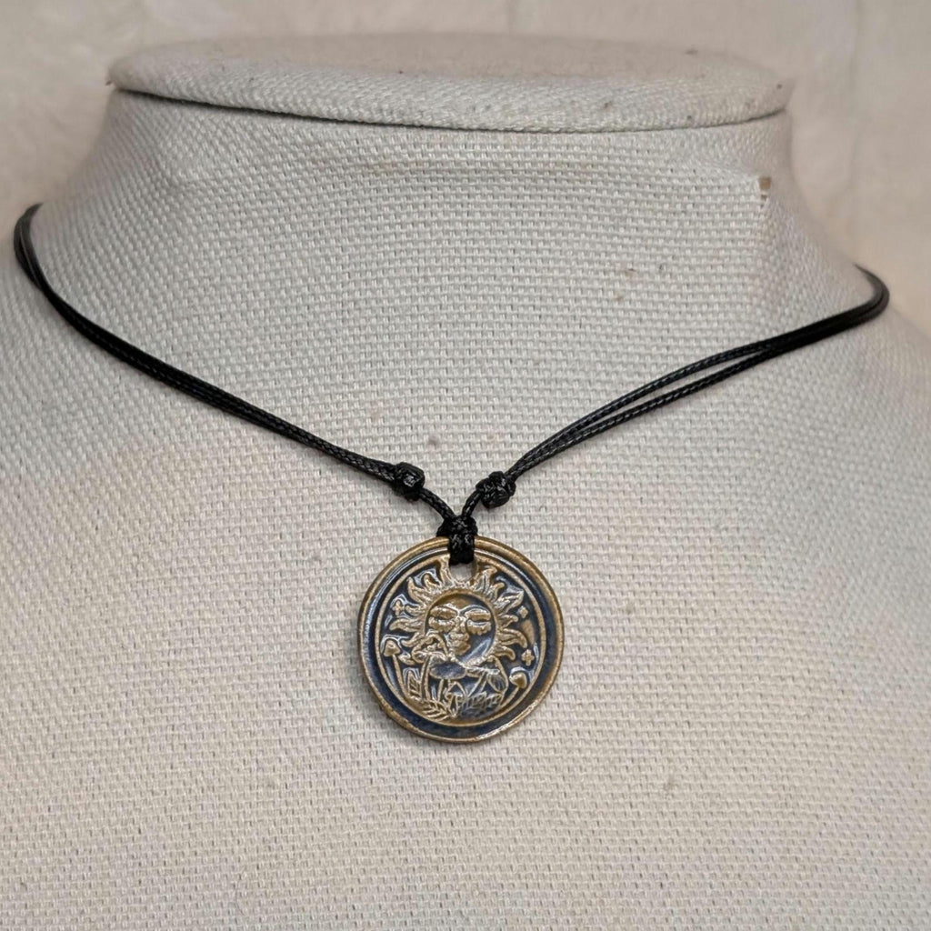 NoctemPottery Ceramic Sun and Mushroom Wax Seal Pendant Necklace Adjustable Cord