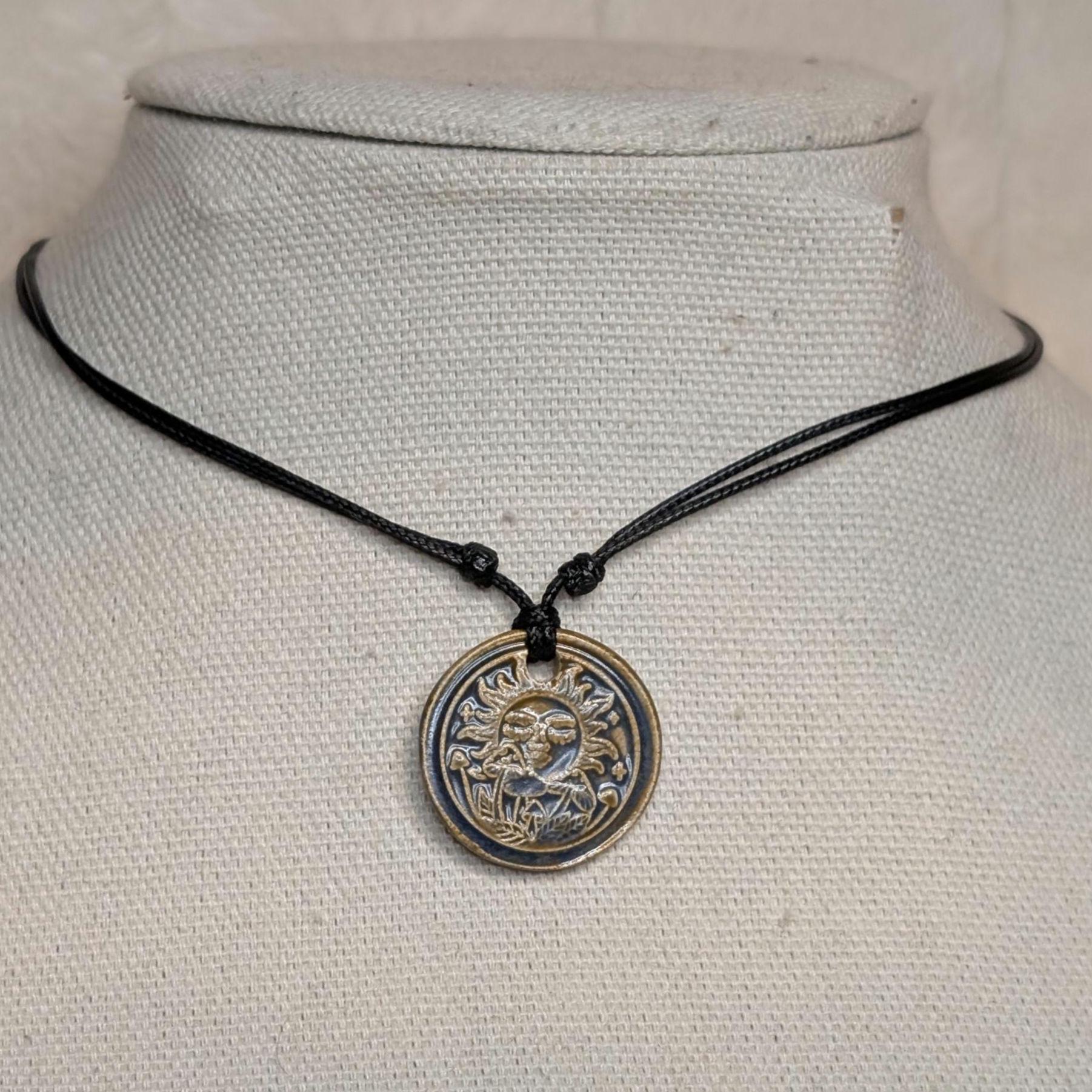 NoctemPottery Ceramic Sun and Mushroom Wax Seal Pendant Necklace Adjustable Cord
