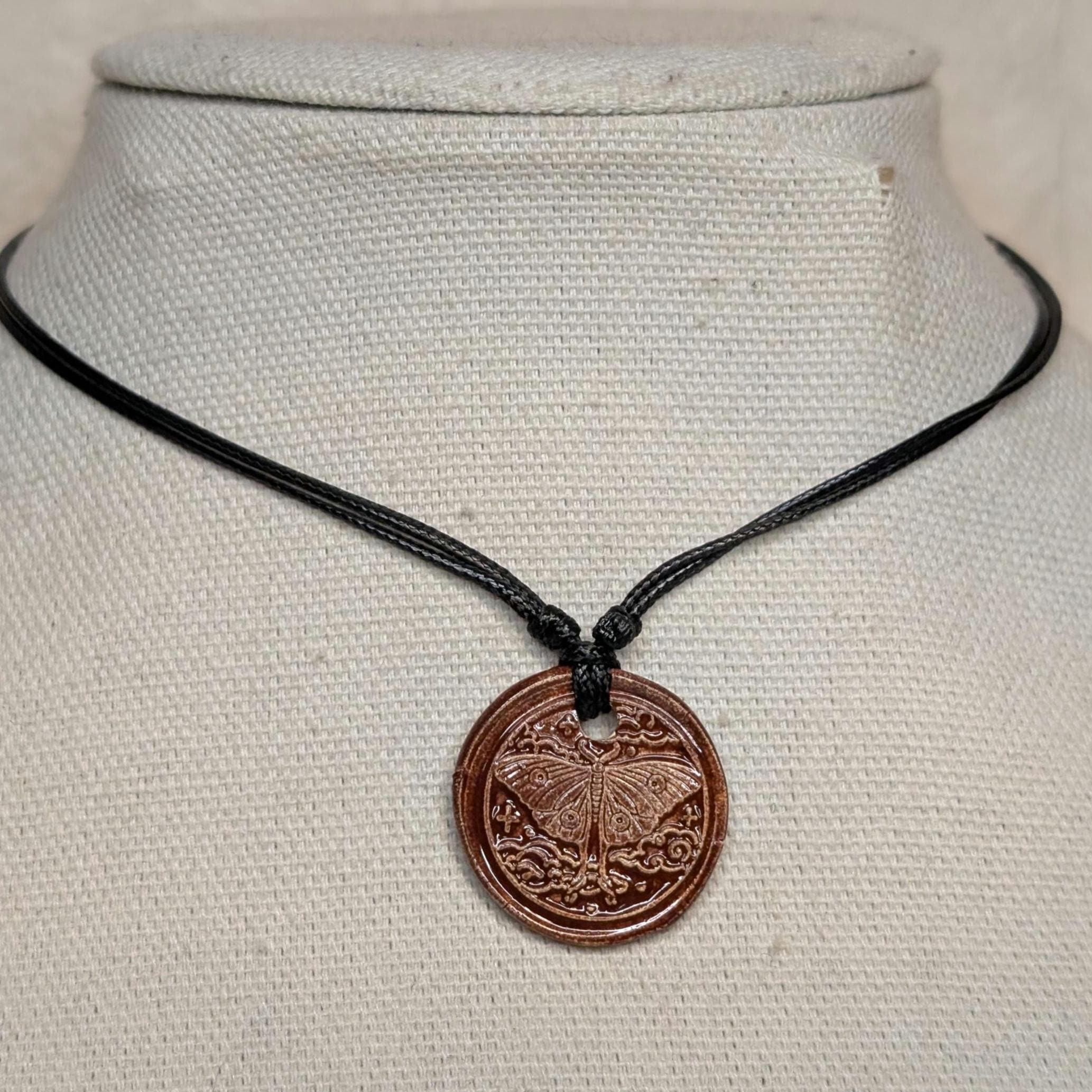 NoctemPottery Luna Moth Celestial Cloud Ceramic Wax Seal Pendant Necklace Adjustable Cord