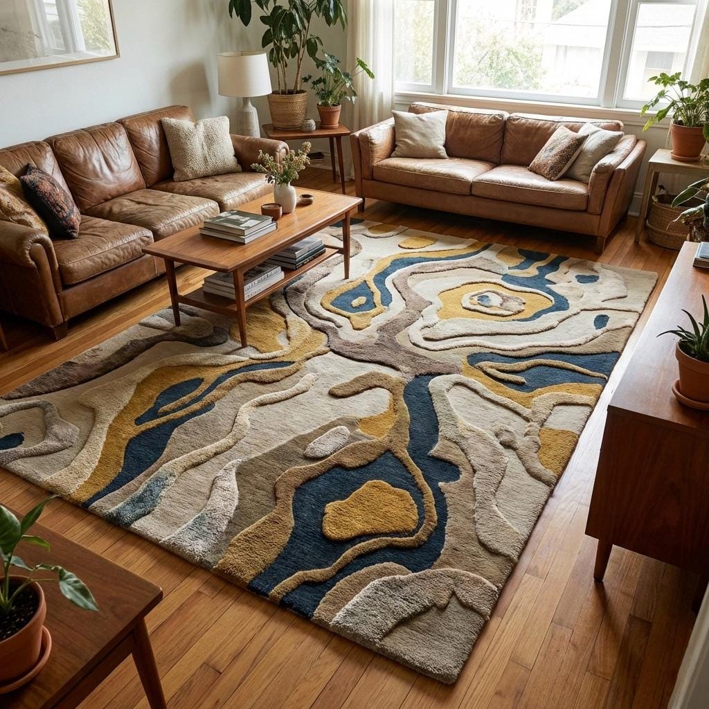 RugverseCreations Abstract Topographic Area Rug Hand-Tufted Wool Navy Gold