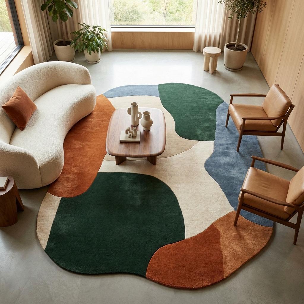 RugverseCreations Hand Tufted Wool Area Rug Irregular Abstract Green Blue Rust
