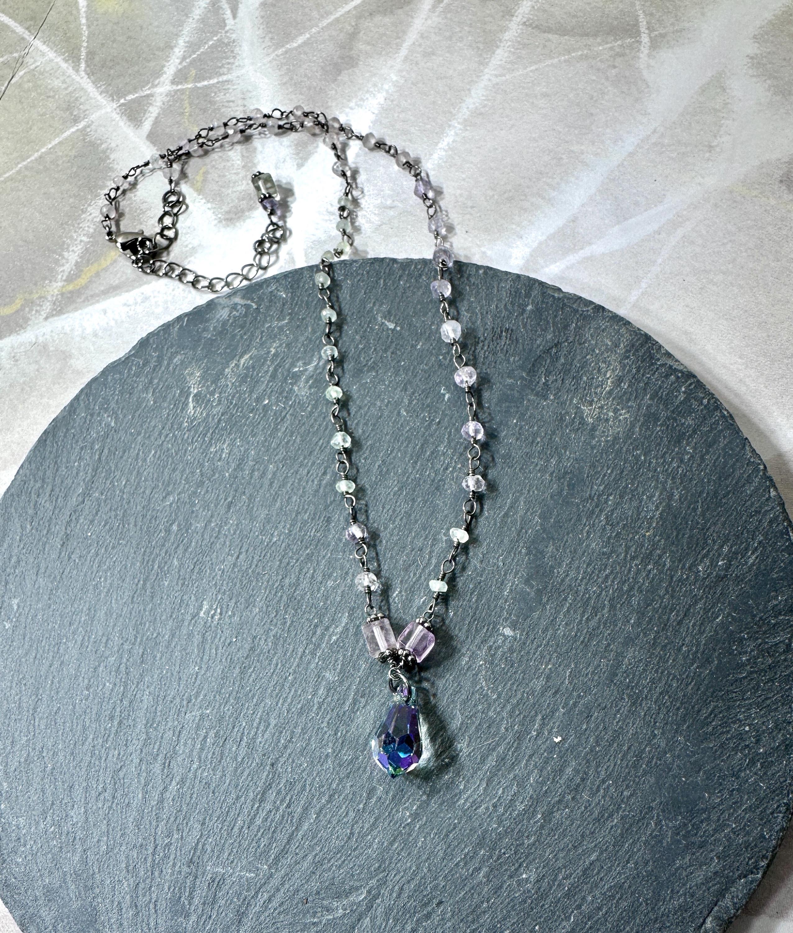 MossberryandStone Fluorite Pendant Necklace with Swarovski Crystal Drop