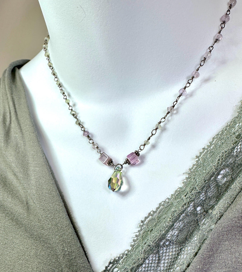 MossberryandStone Fluorite Pendant Necklace with Swarovski Crystal Drop
