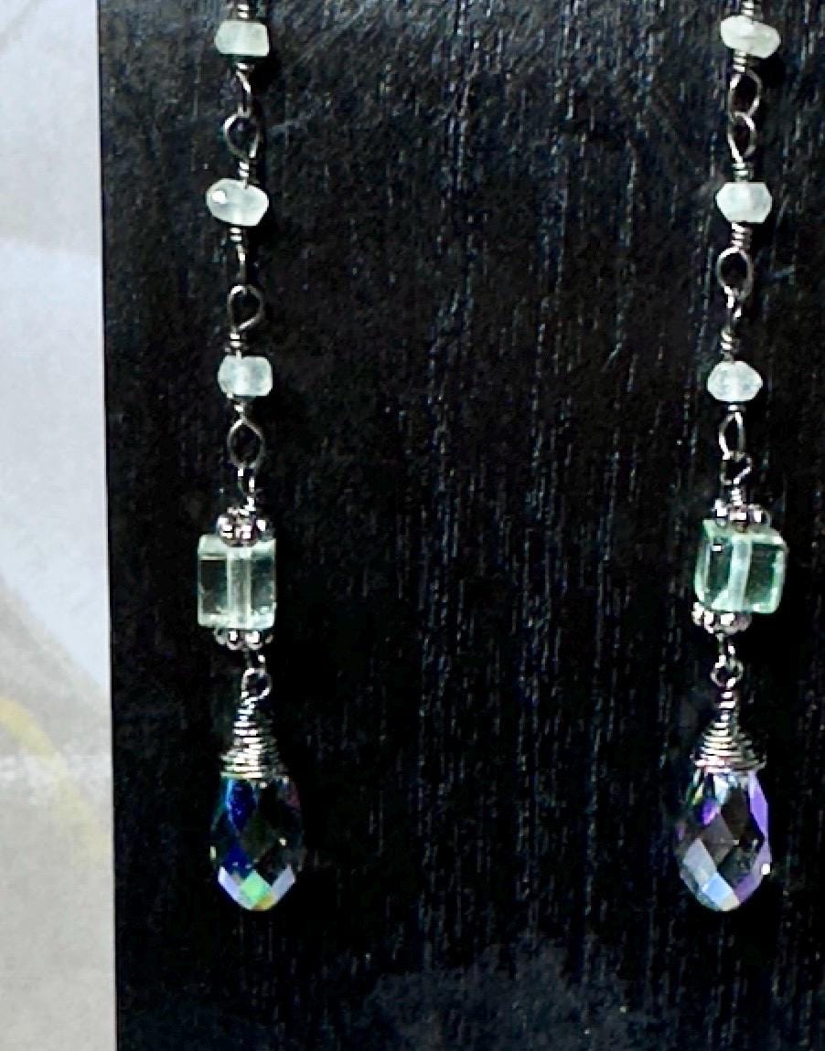 MossberryandStone Fluorite Swarovski Crystal Dangle Earrings Pastel Gemstone