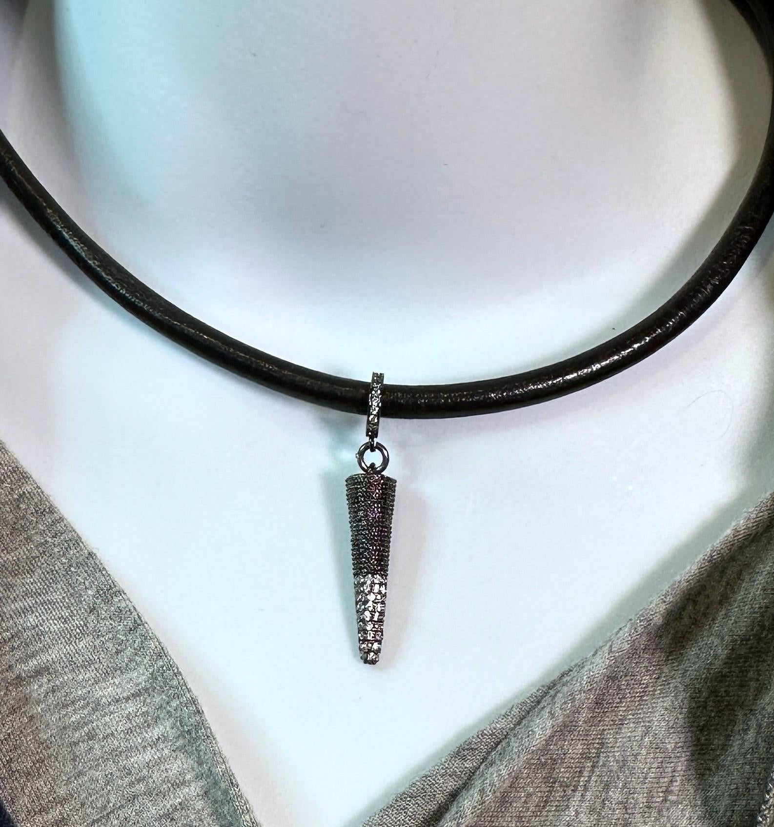 MossberryandStone Black Leather Choker Necklace Gunmetal Spike CZ Pendant