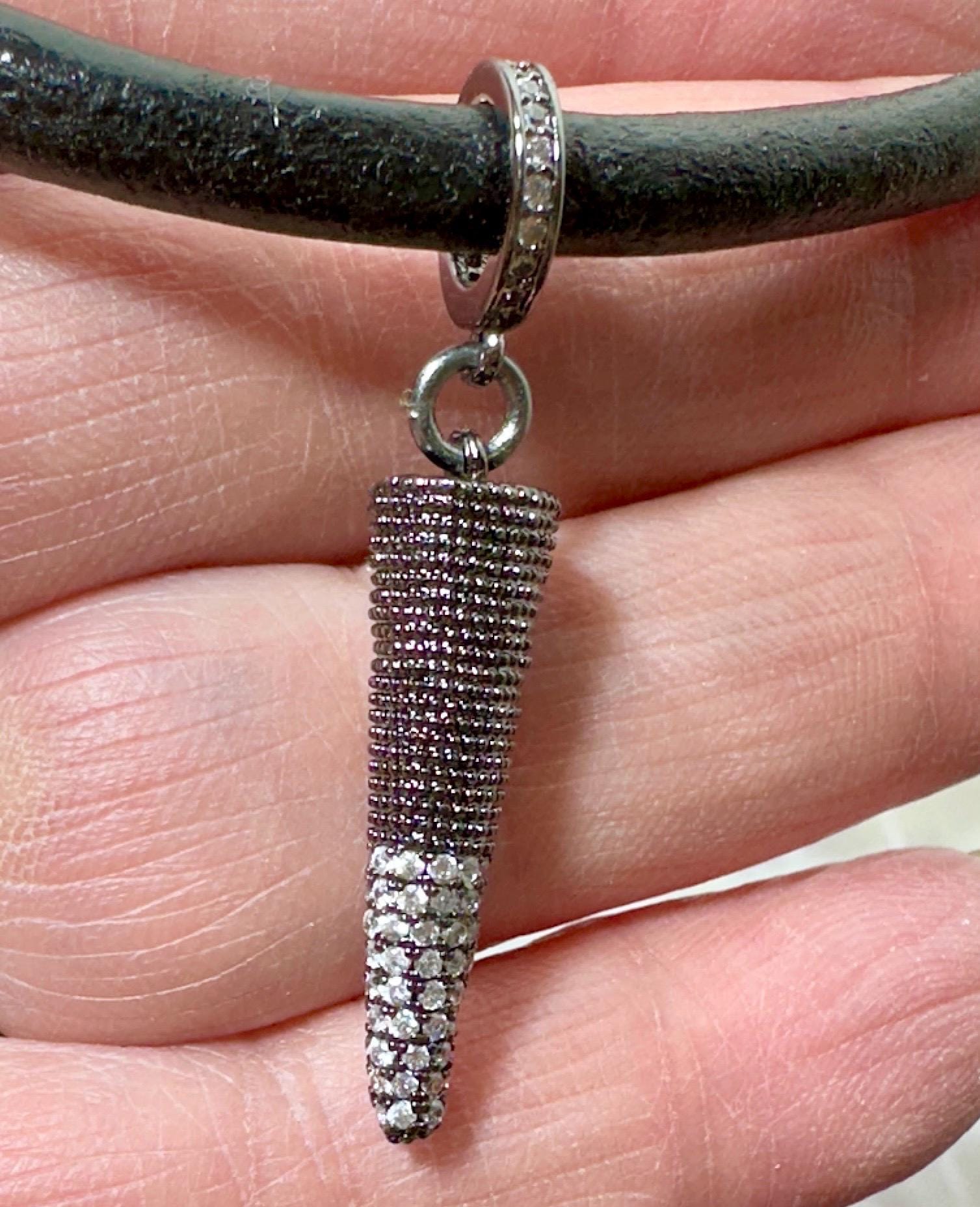 MossberryandStone Black Leather Choker Necklace Gunmetal Spike CZ Pendant