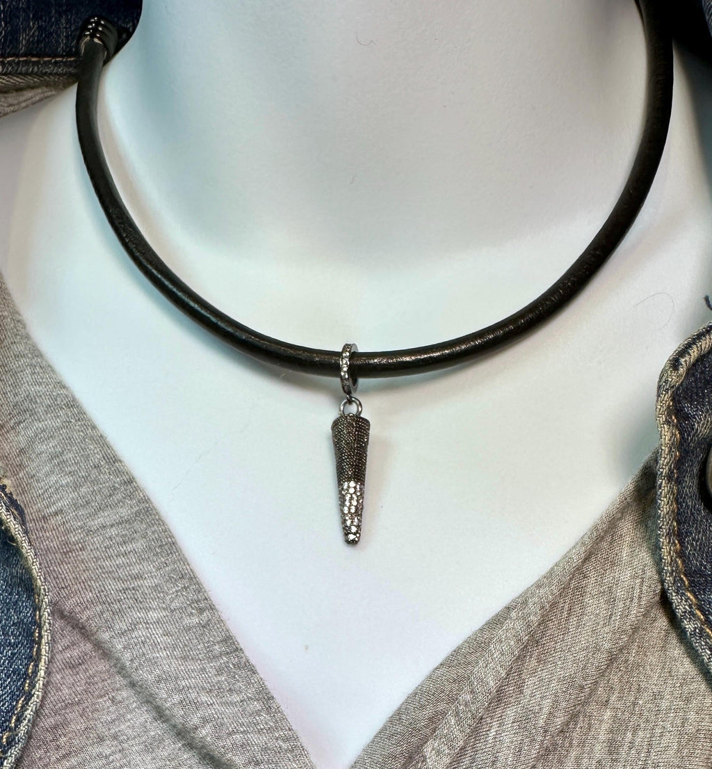 MossberryandStone Black Leather Choker Necklace Gunmetal Spike CZ Pendant