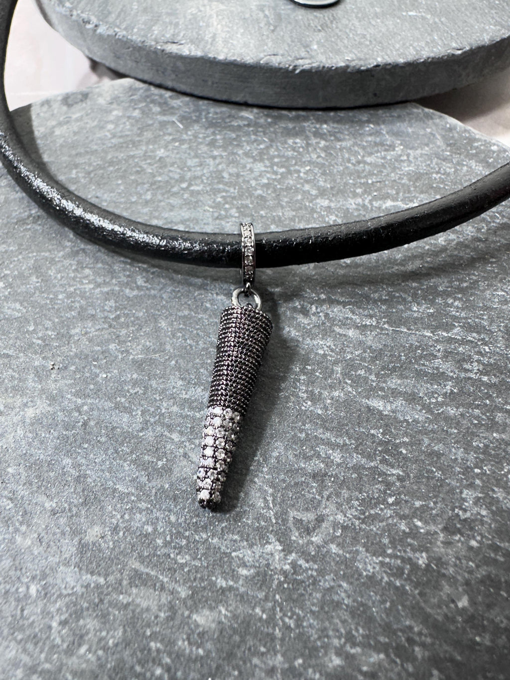 MossberryandStone Black Leather Choker Necklace Gunmetal Spike CZ Pendant