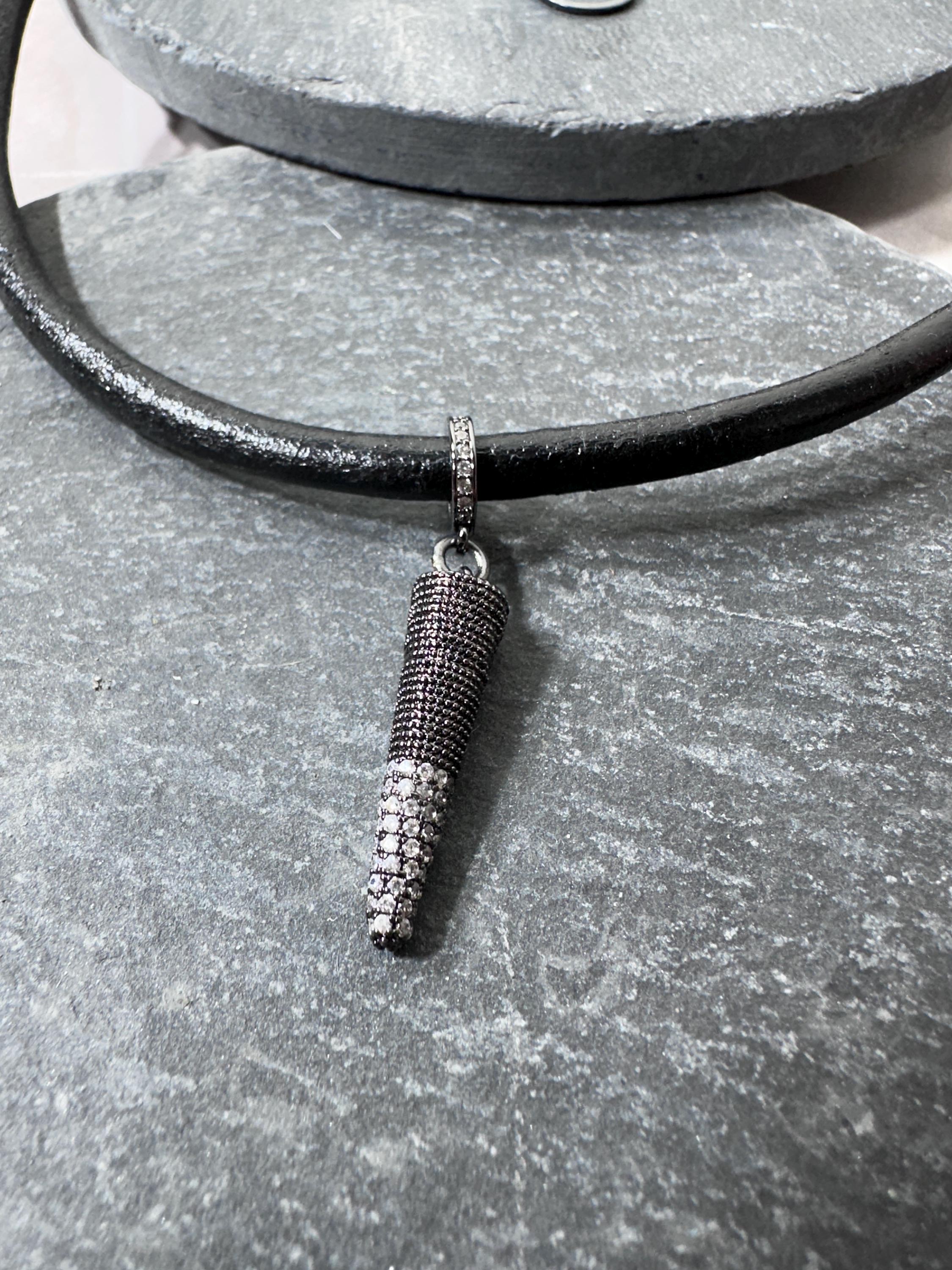 MossberryandStone Black Leather Choker Necklace Gunmetal Spike CZ Pendant