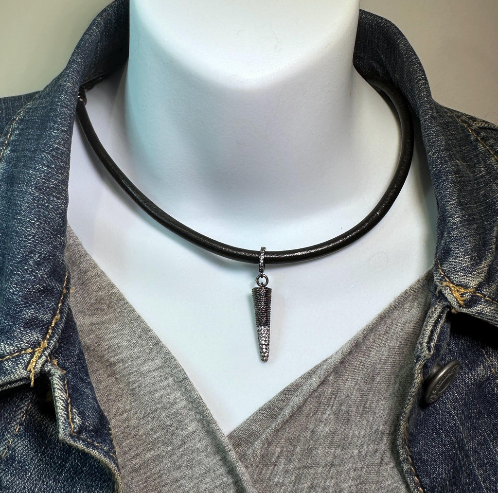 MossberryandStone Black Leather Choker Necklace Gunmetal Spike CZ Pendant