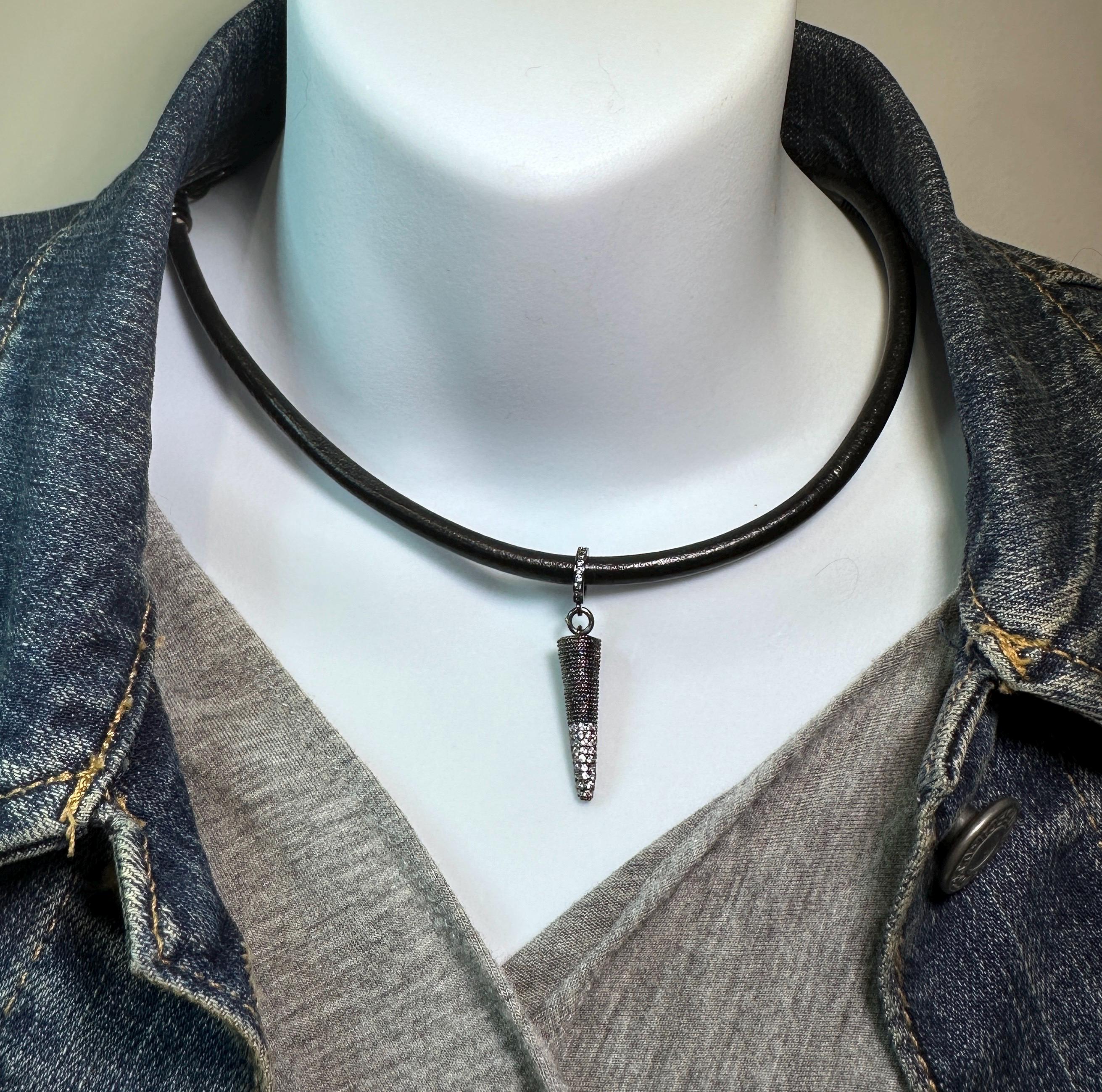 MossberryandStone Black Leather Choker Necklace Gunmetal Spike CZ Pendant
