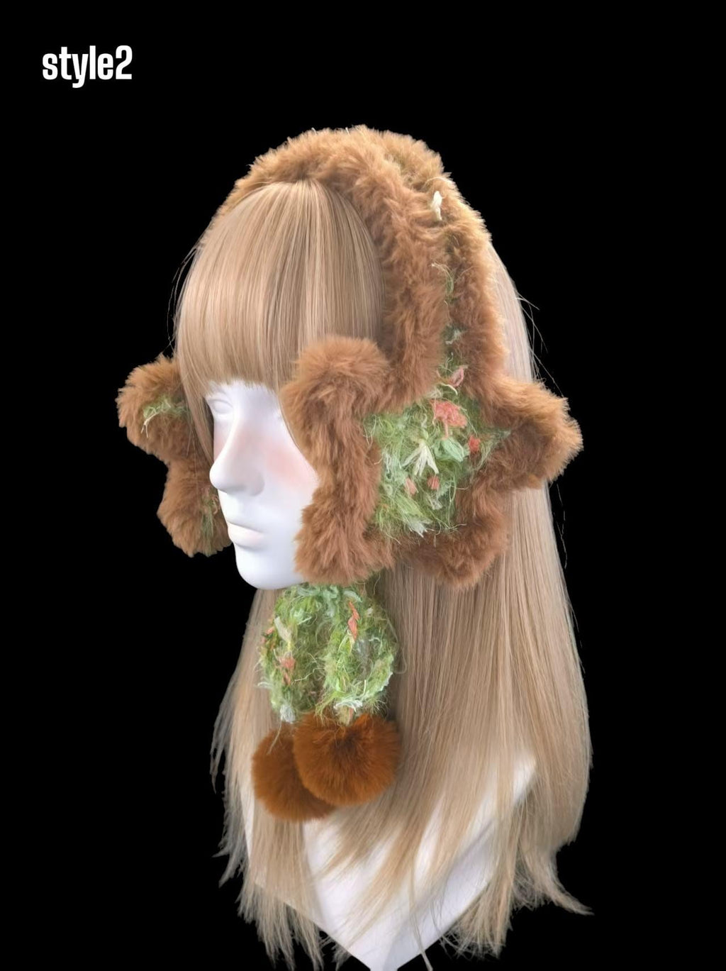 StellarPride Star Ear Muffs Brown Faux Fur Green Yarn