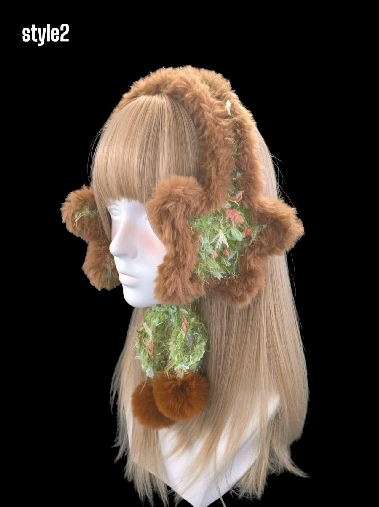 StellarPride Star Ear Muffs Brown Faux Fur Green Yarn