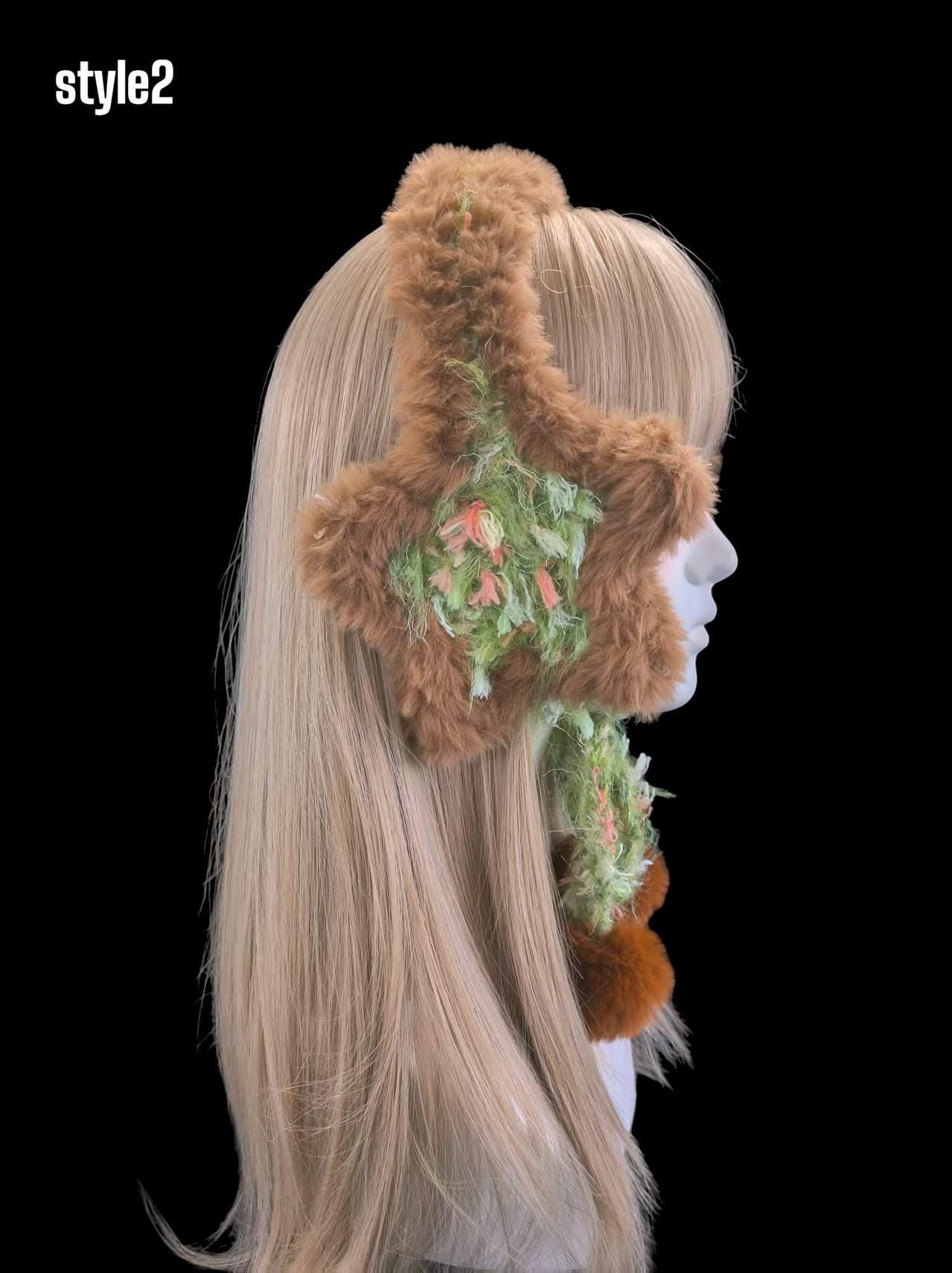 StellarPride Star Ear Muffs Brown Faux Fur Green Yarn