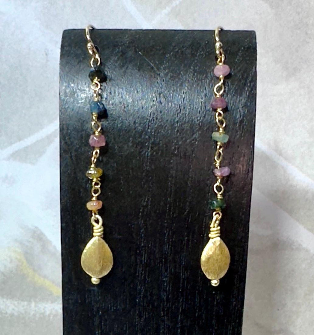 Tourmaline Necklace and Earrings with Labradorite and Brushed Gold Drop
