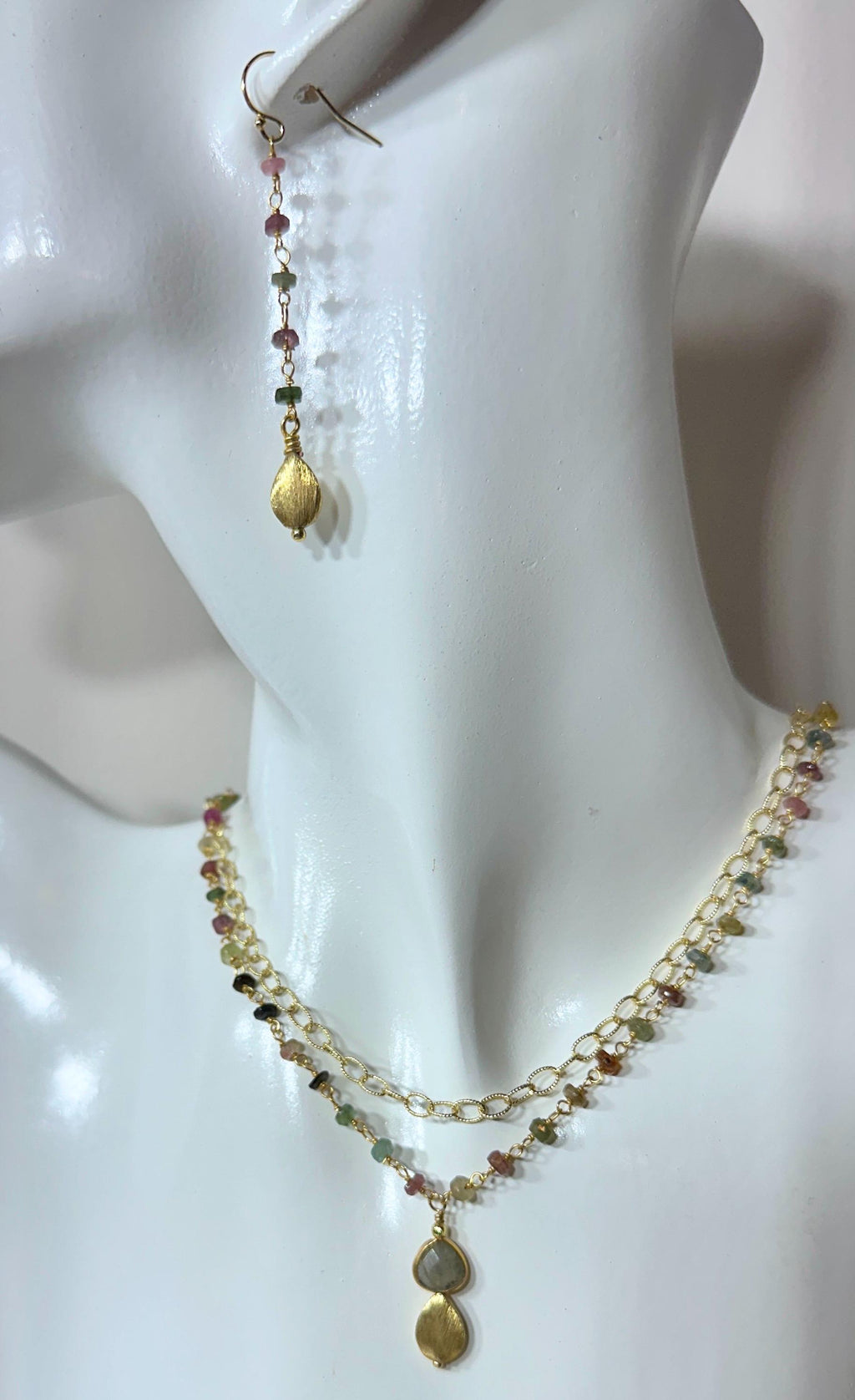 Tourmaline Necklace and Earrings with Labradorite and Brushed Gold Drop