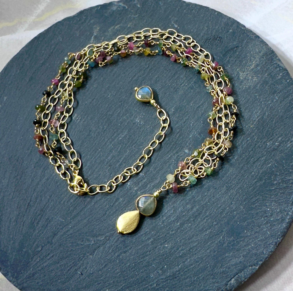Tourmaline Necklace and Earrings with Labradorite and Brushed Gold Drop