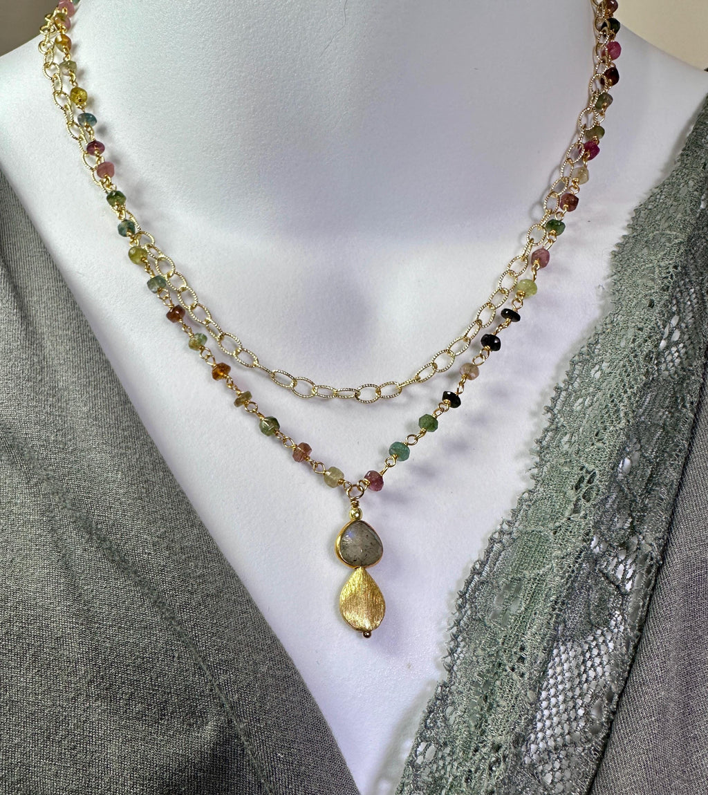 Tourmaline Necklace and Earrings with Labradorite and Brushed Gold Drop