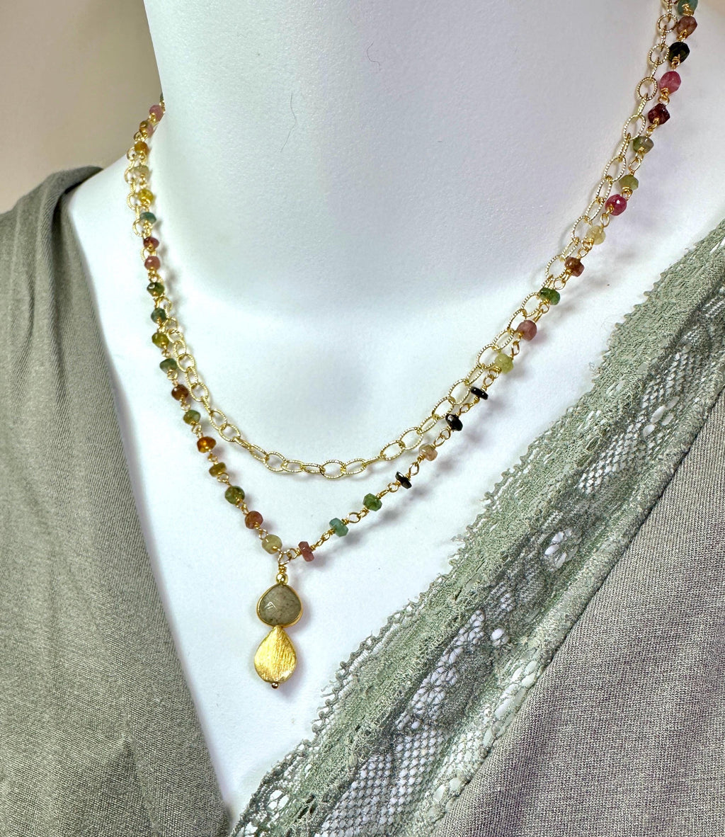 Tourmaline Necklace and Earrings with Labradorite and Brushed Gold Drop