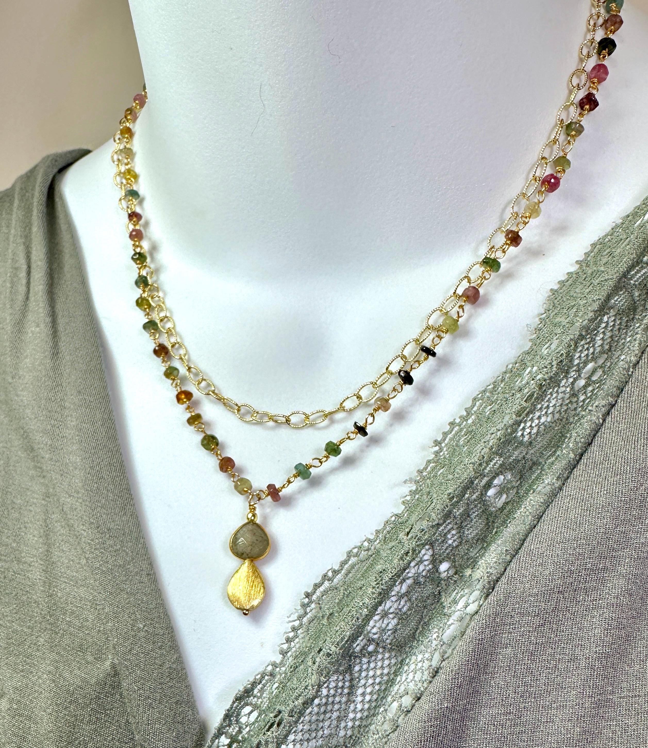 Tourmaline Necklace and Earrings with Labradorite and Brushed Gold Drop