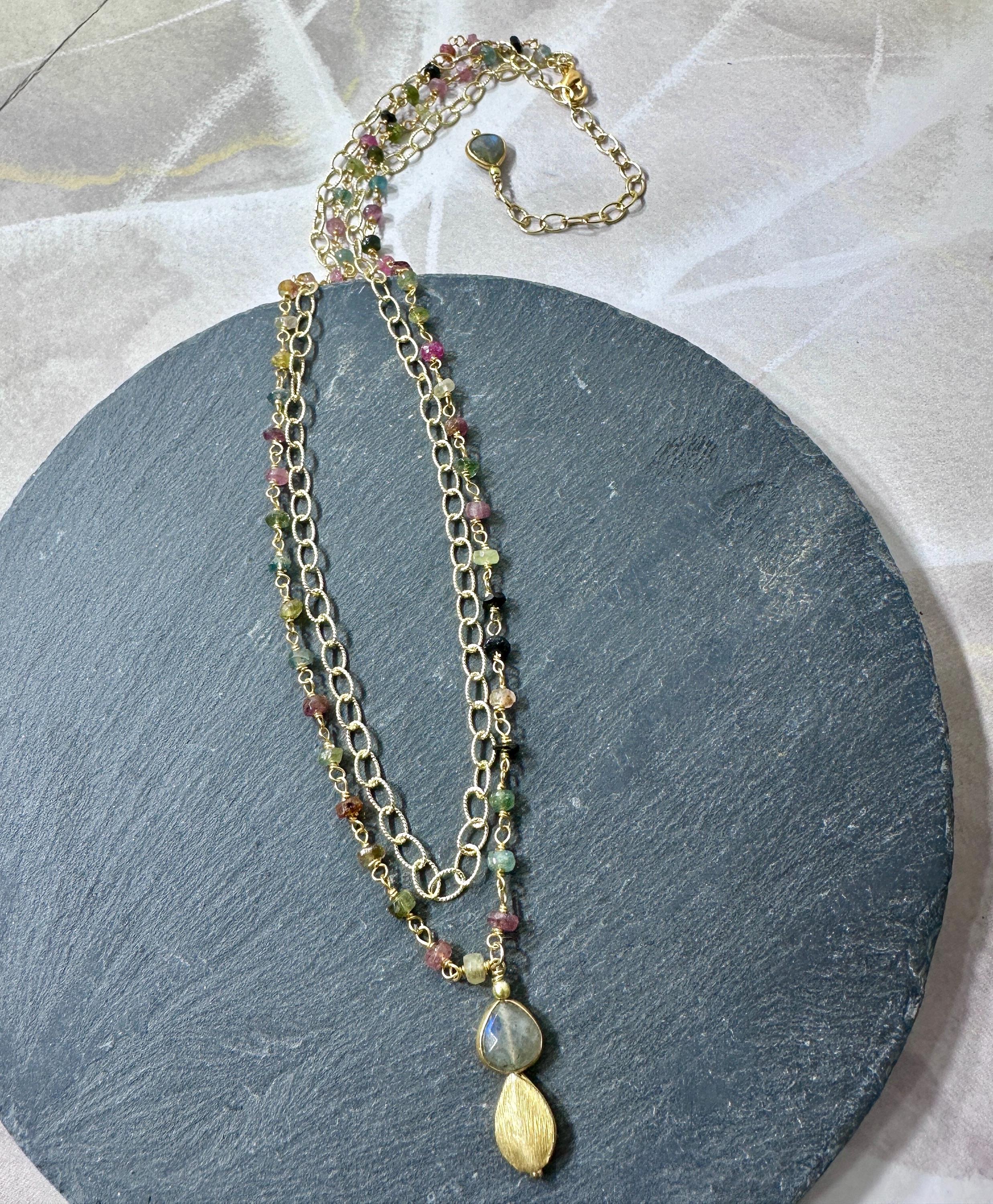 Tourmaline Necklace and Earrings with Labradorite and Brushed Gold Drop