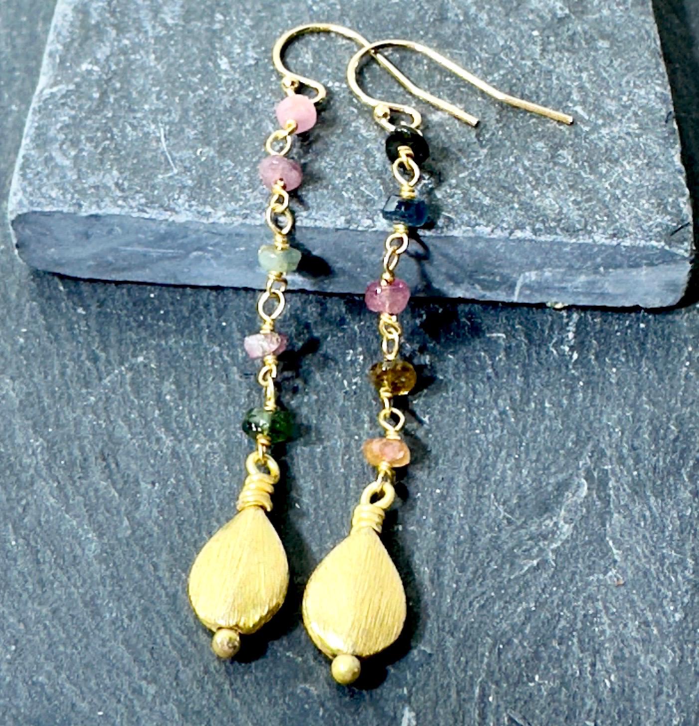 Tourmaline Bead Chain Earrings with Brushed Gold Teardrop