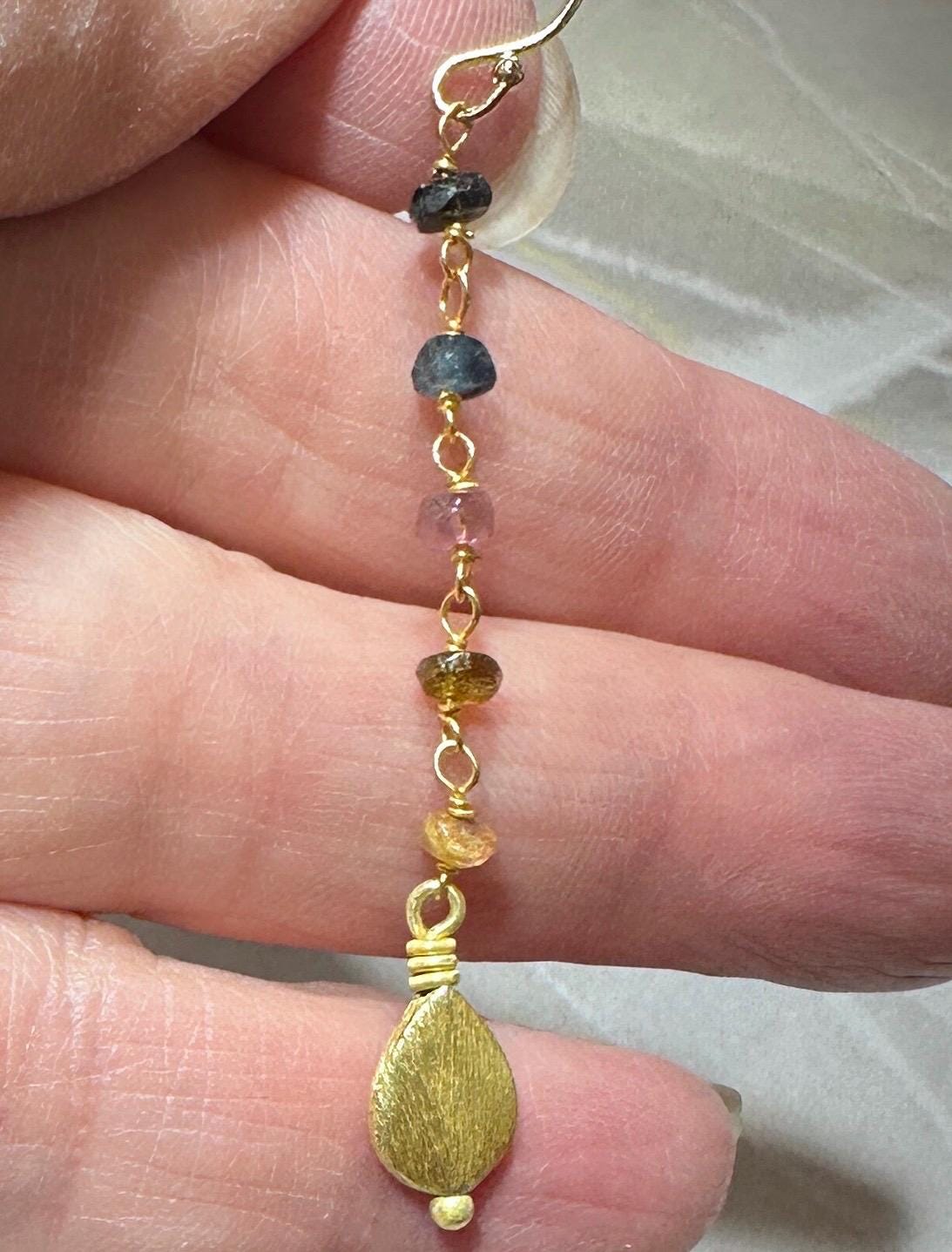 Tourmaline Bead Chain Earrings with Brushed Gold Teardrop