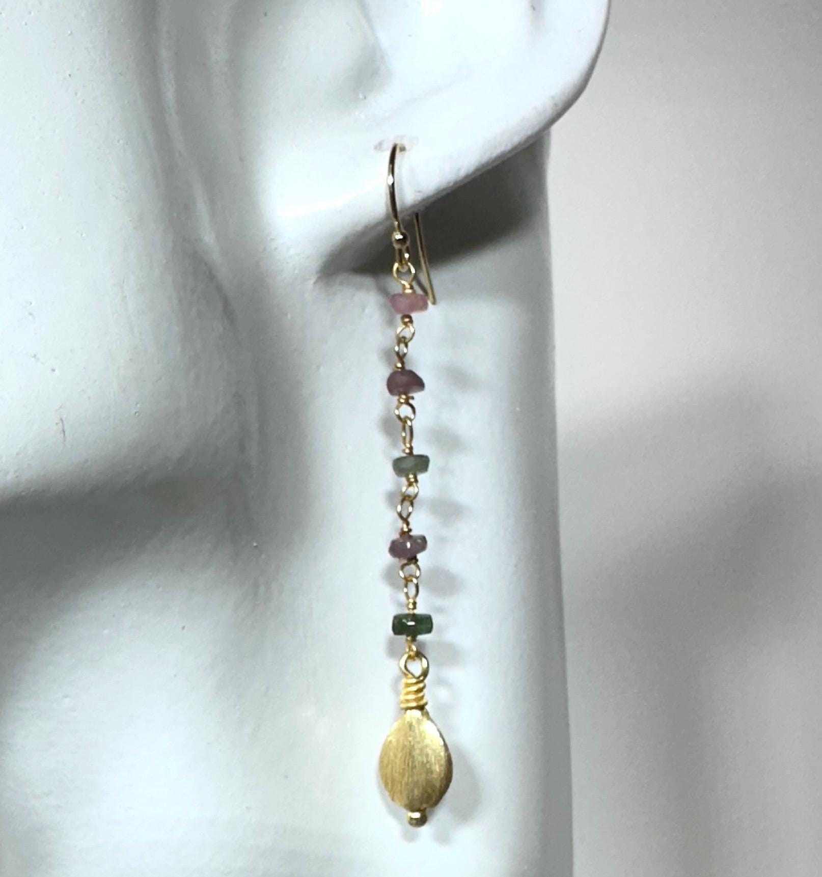 Tourmaline Bead Chain Earrings with Brushed Gold Teardrop