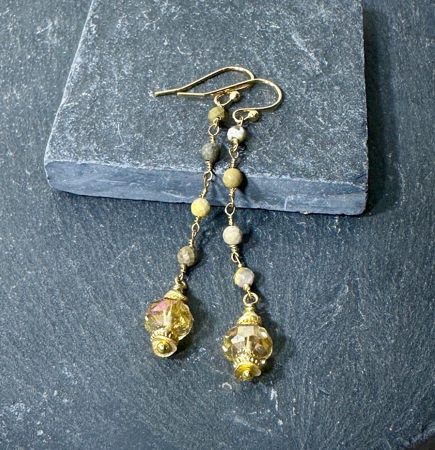 Jasper Bead Chain Gold Earrings