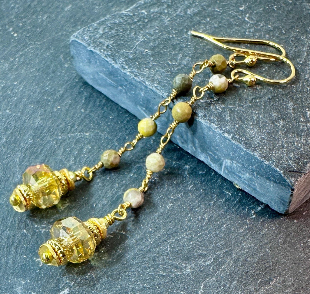 Jasper Bead Chain Gold Earrings